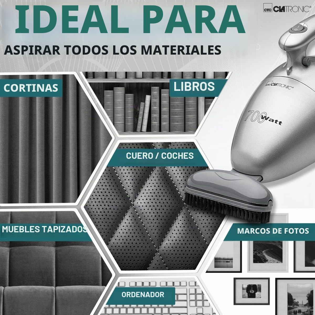 Clatronic HS 2631 Aspirador de Mano, Tamaño Compacto, 700 W, 0.8 Litros, 36 Decibelios, de Plástico, Plateado