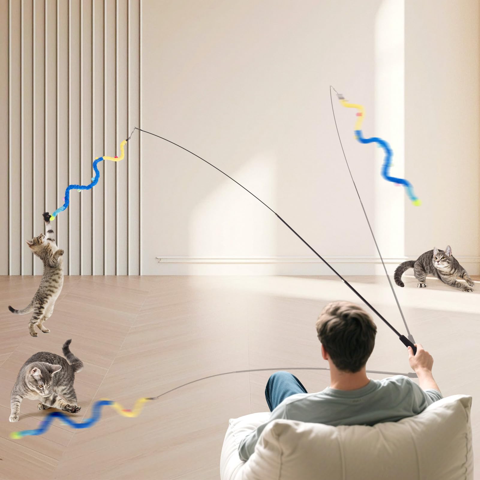 Katzenangel Lang 9tlg, Katzenspielzeug Angel mit 7 Plüschbälle Band Bunt für Katzen und 2 Katzenangel Stabile 98cm Teleskopisch, Cat Toys für Kitten und Katzen, 7tlg&2stange