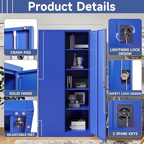 Miniatura 27 de Gabinete de almacenamiento de metal para garaje, gabinete de almacenamiento con bloqueo de 71 pulgadas con 2 puertas y 4 estantes ajustables, Negro