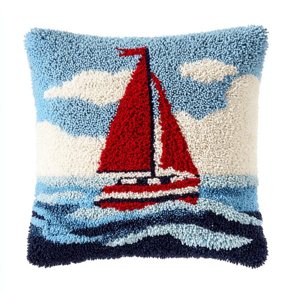 Taxpy Latch Hook Kits, Sailboats at sea Pillow Cover DIY Crochet Hook Cushion Rug Making Kits with Printed Pattern Canvas Needlework Hooking Adorment 43x43cm