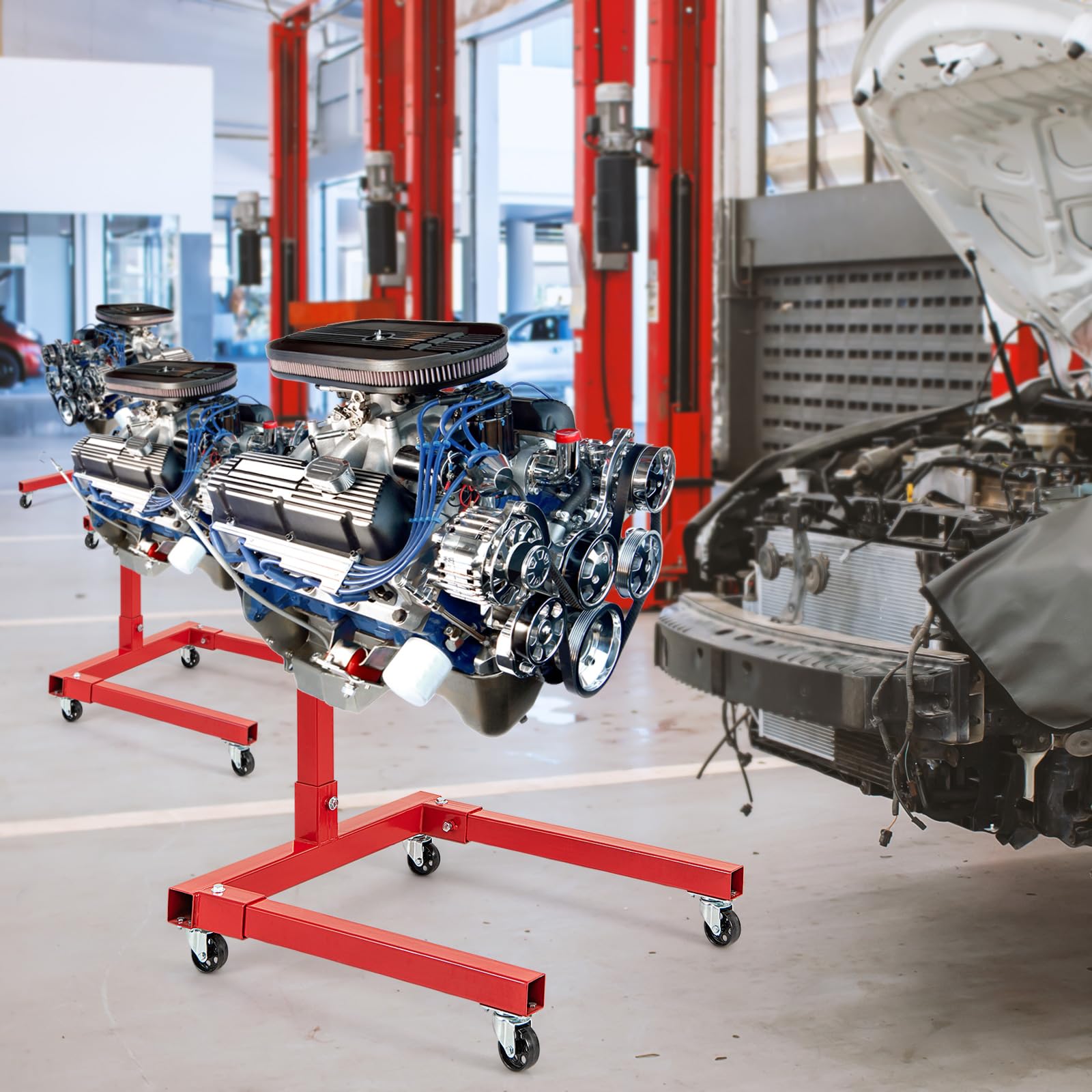 GYMAX Soporte de Motor de 3/4 Toneladas de Capacidad con Cabezal Giratorio de 360°, 4 Brazos Ajustables, 4 Ruedas Universales, Resistente para Taller de Reparación de Automóviles, Garaje, Rojo