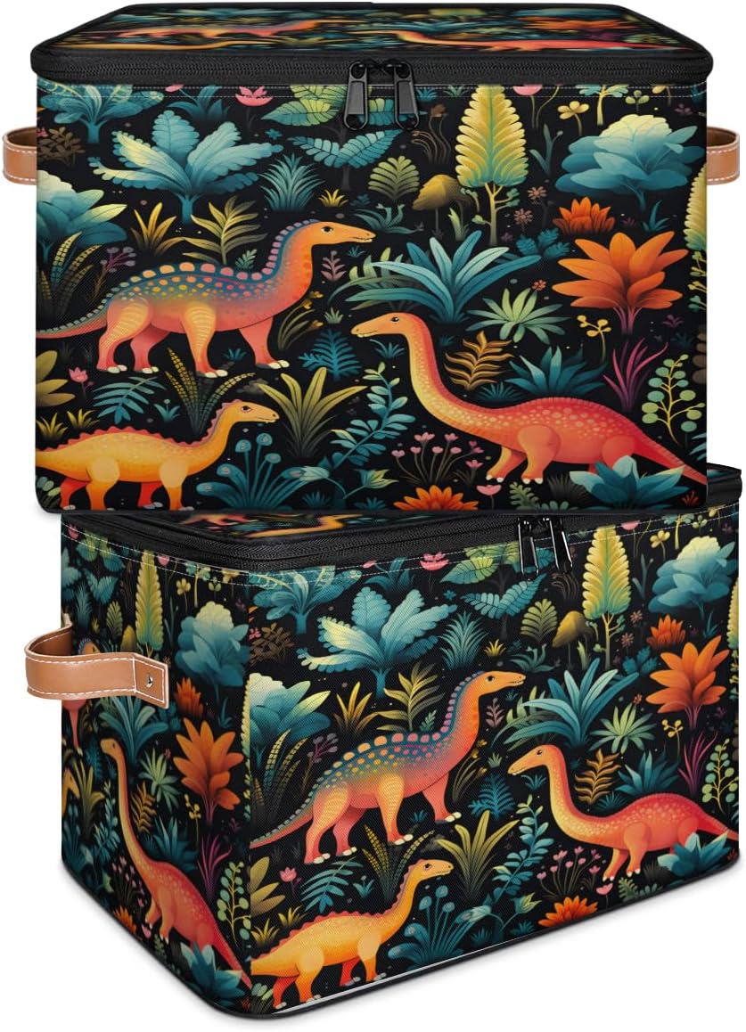 Storage Bin Set of 2 Forest Dinosaurs Storage Basket with Zipper Lid & Handle Foldable Closet Shelf 2 Pack Cloth Organizer Basket Cube Bins Clothes Organizer for Bedroom, Nursery