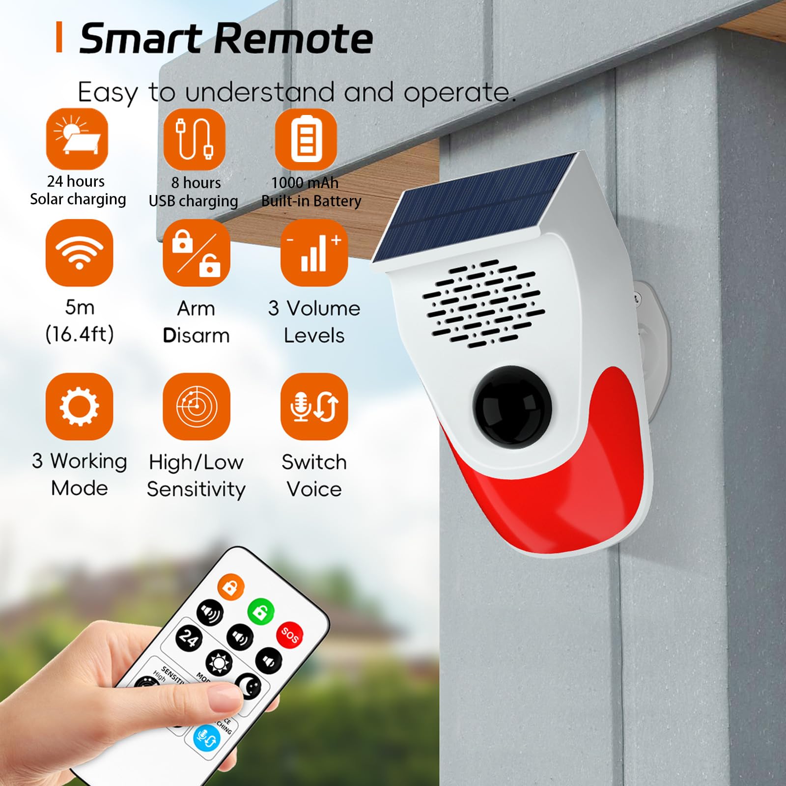Sensor de movimiento para exteriores con 8 grabaciones reemplazables, alarma detector de movimiento de ladridos de perros, tres niveles de volumen ajustable, tres modos de funcionamiento, alarma