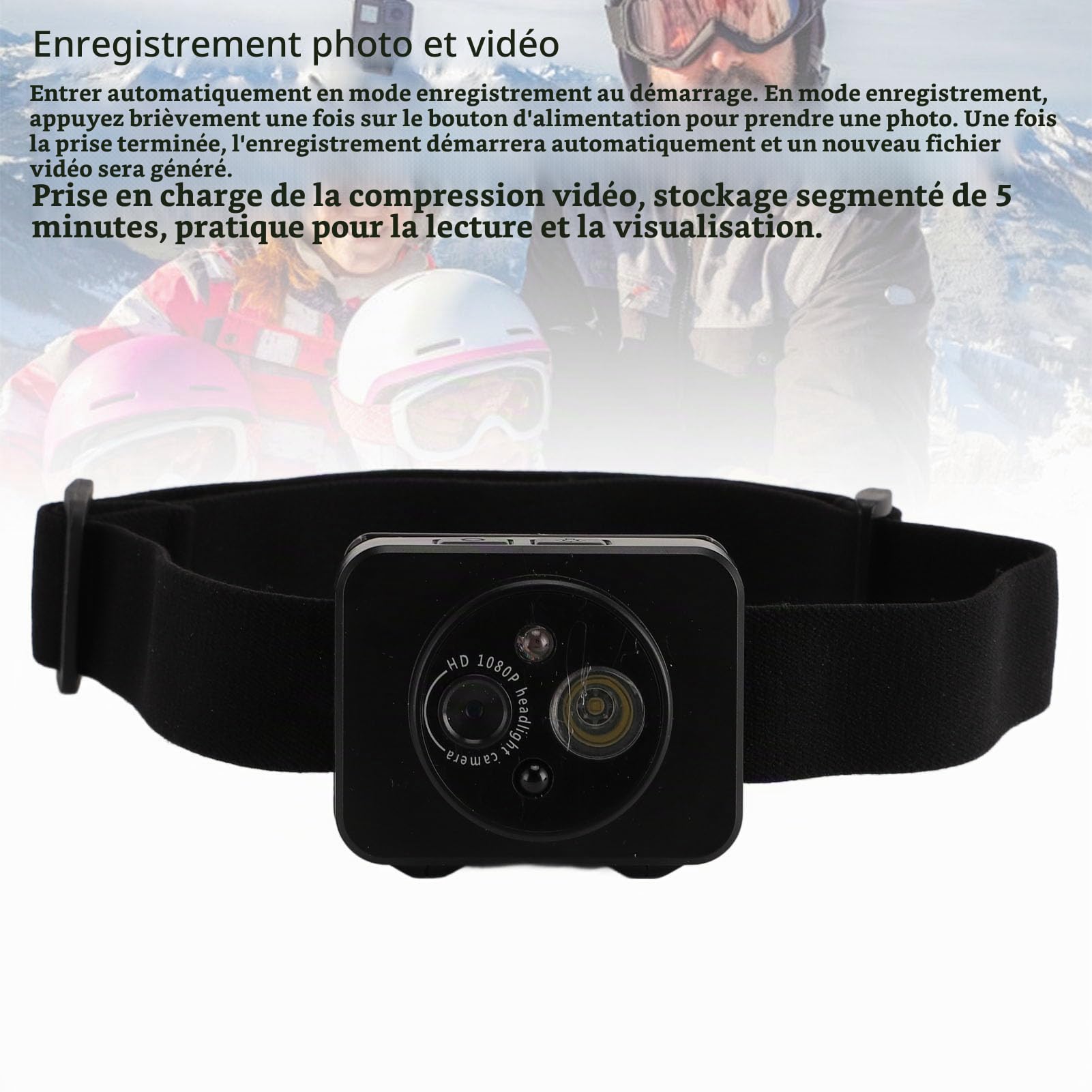 Tbest Caméra Frontale LED 1080P, Enregistreur Vidéo Mains Libres pour la Course à Pied, Le Cyclisme, Le Camping en Plein Air