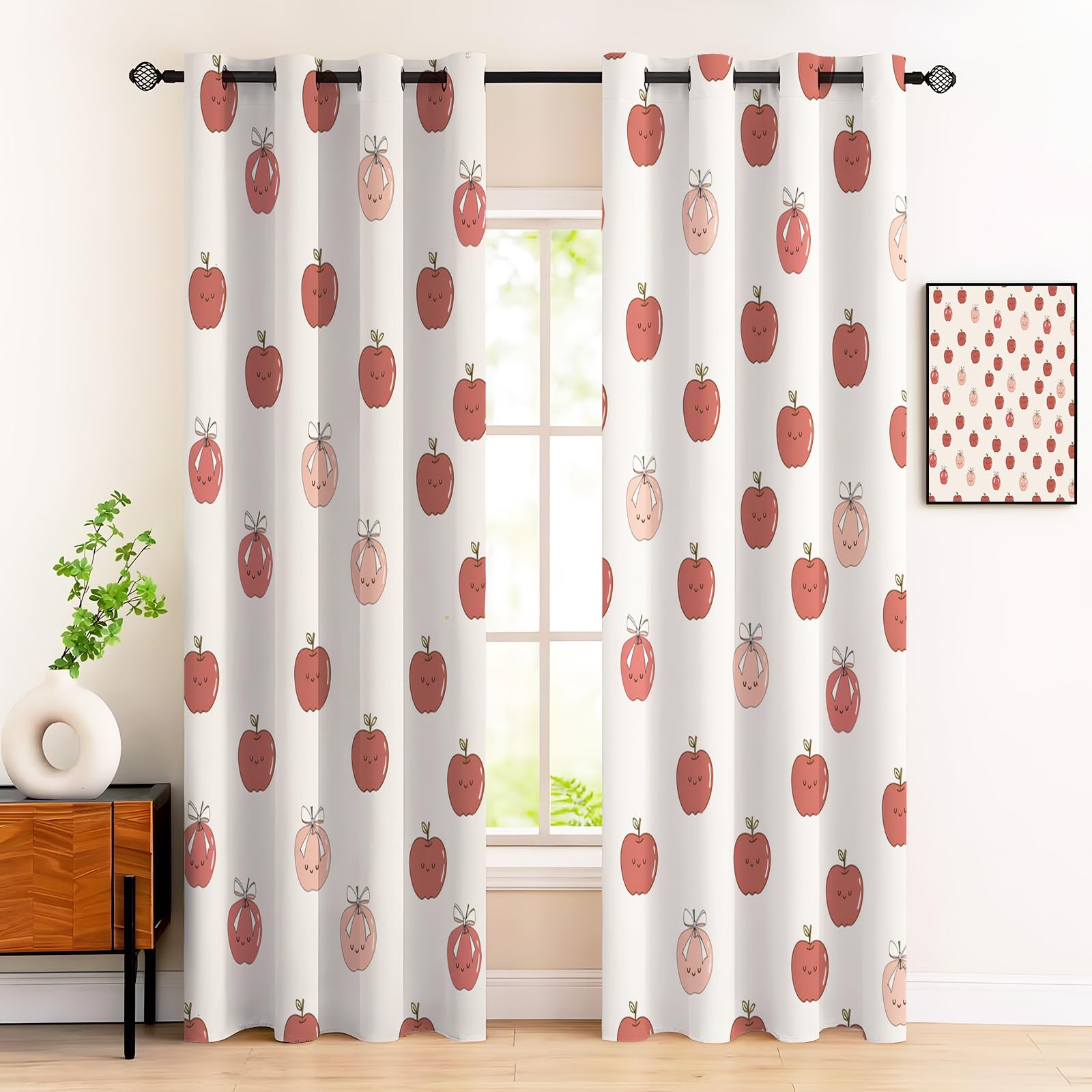 Rideau occultant à oeillets motifs pommes rouges 140x260 cm pour salon et chambre