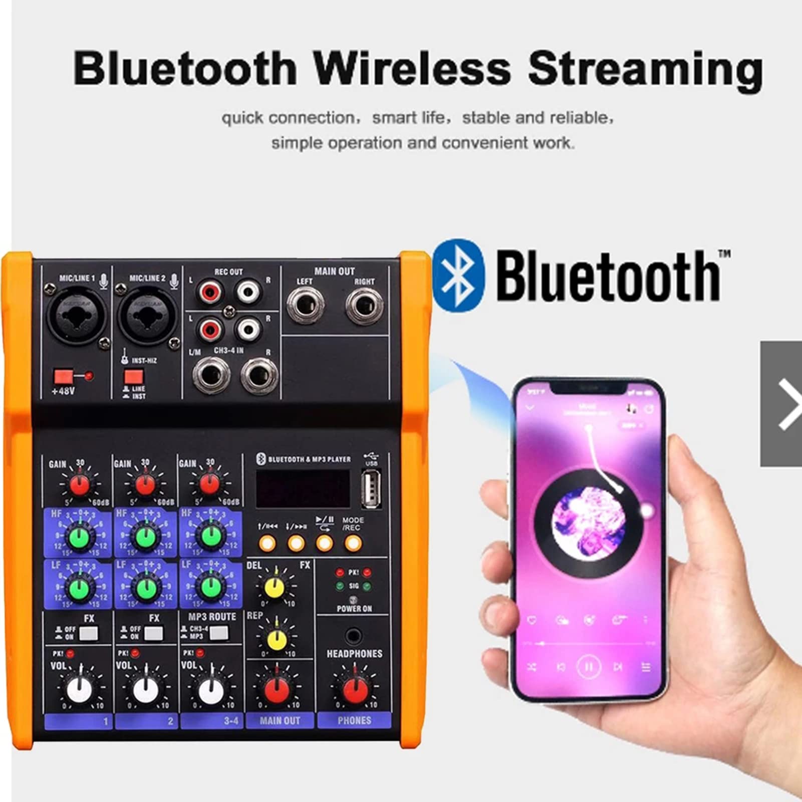 Mikser DJ 4-kanałowy mikser audio z bezprzewodowym miksowaniem dźwięku mikrofonu z Bluetooth USB Mini mikser Dj do nagrywania i gier w studio imprezowym