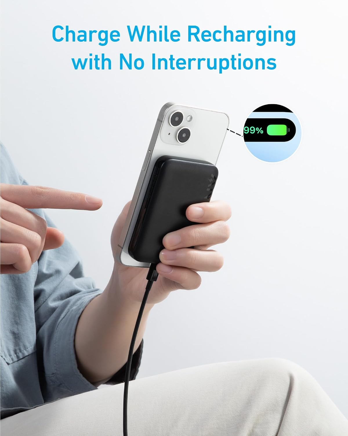 Anker 321 MagGo Battery charging an iPhone while being recharged itself.