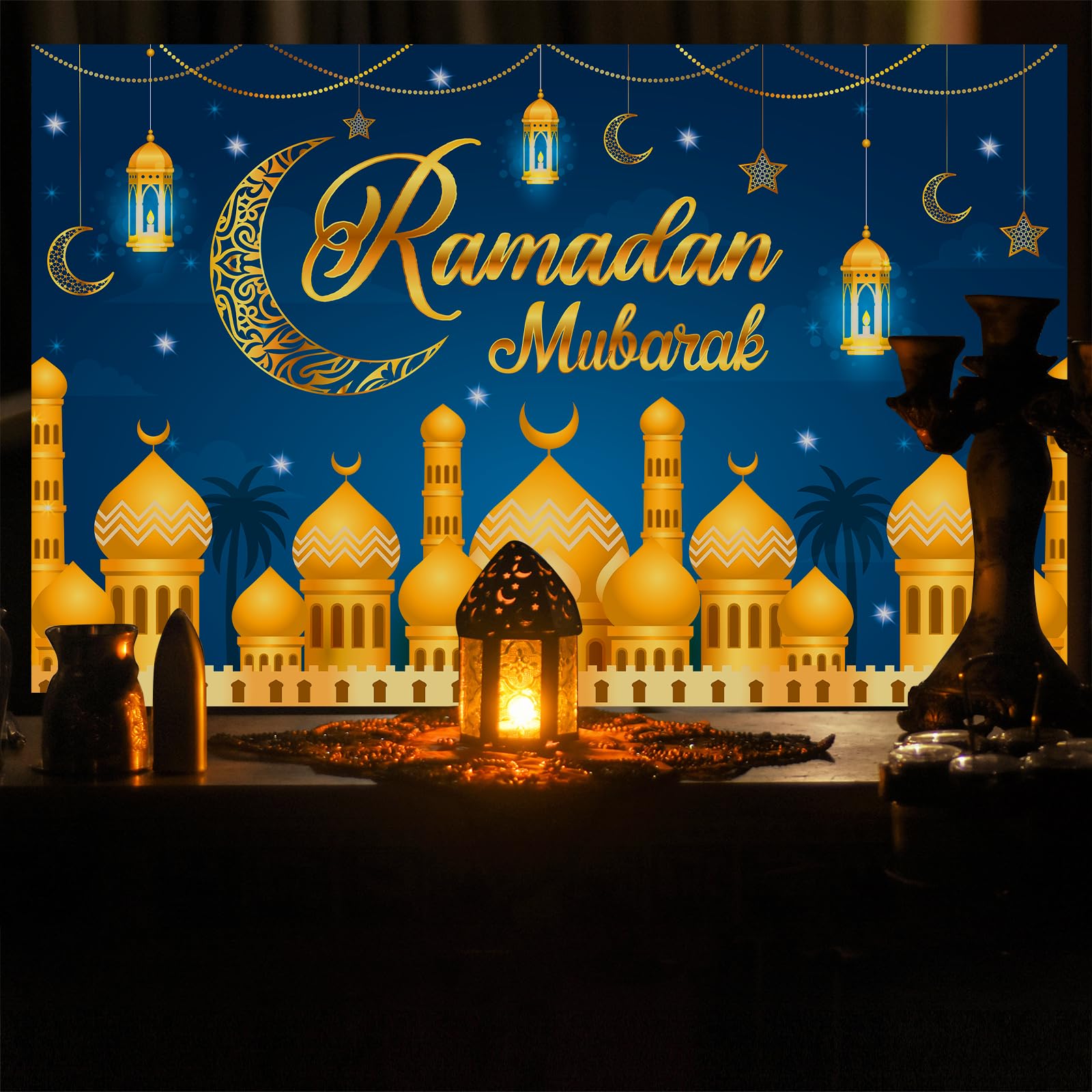 Ramadan Decorations for Home - 71 x 44 in Ramadan Banner Mubarak Table Mubarak Sign Backdrop Favors Hanging Decorations for Outdoor Home Party Window Wall Eid Al-Fitr al-Adha زينة رمضان كريم ديكو