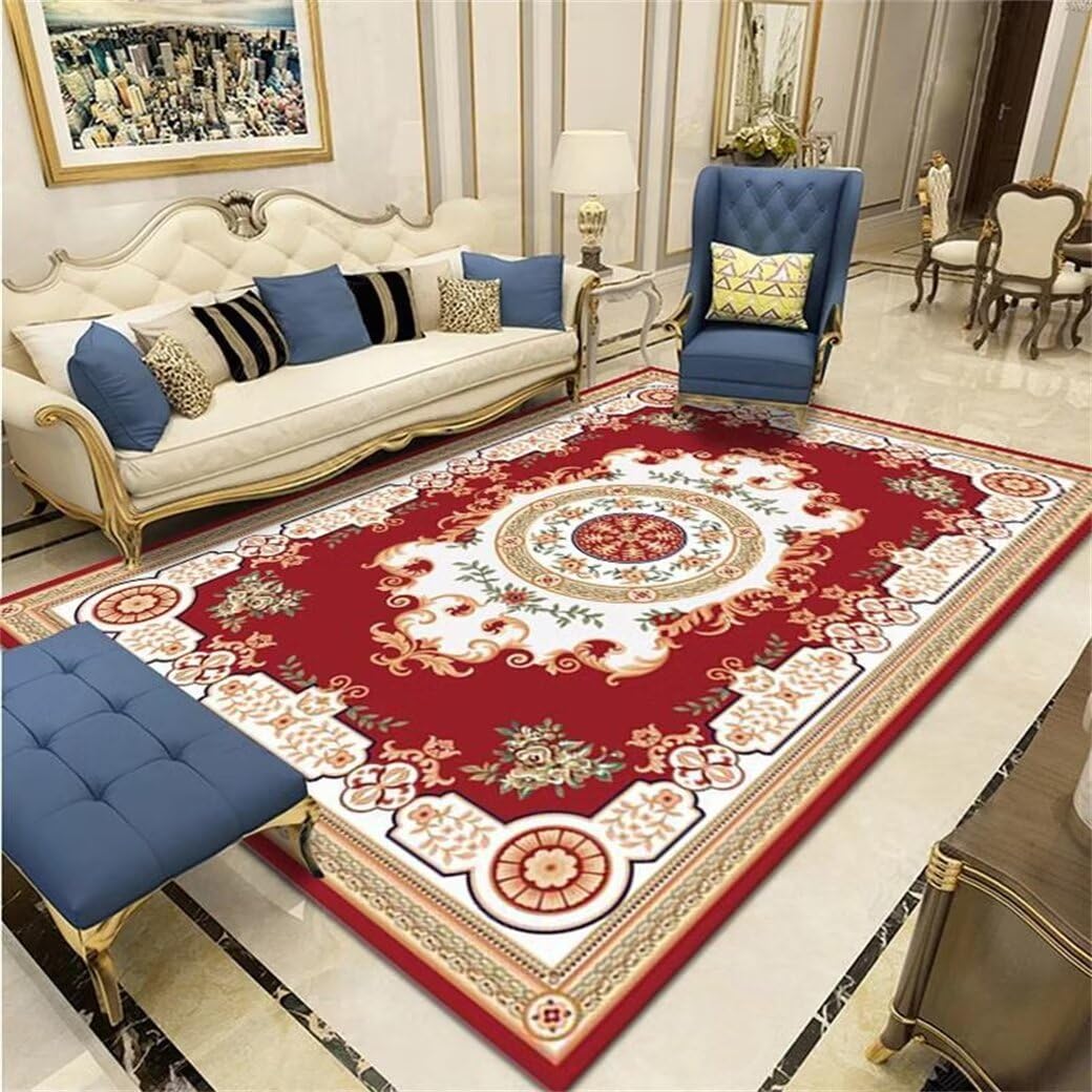 Tapis enfant 90x180cm rouge lavable à motif floral vintage pour sol de chambre ado