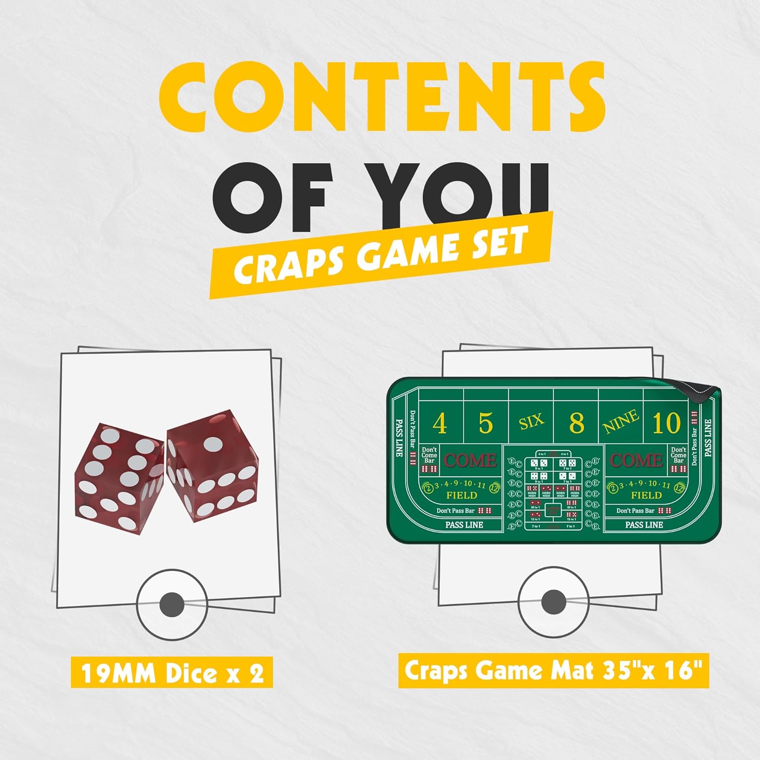 Craps Mat 35" x 16" Craps Table Top Set Mini Craps Table Mat Craps Table Top Mat with 2 Casino Dice Craps Game Layout Casino Games for Adults