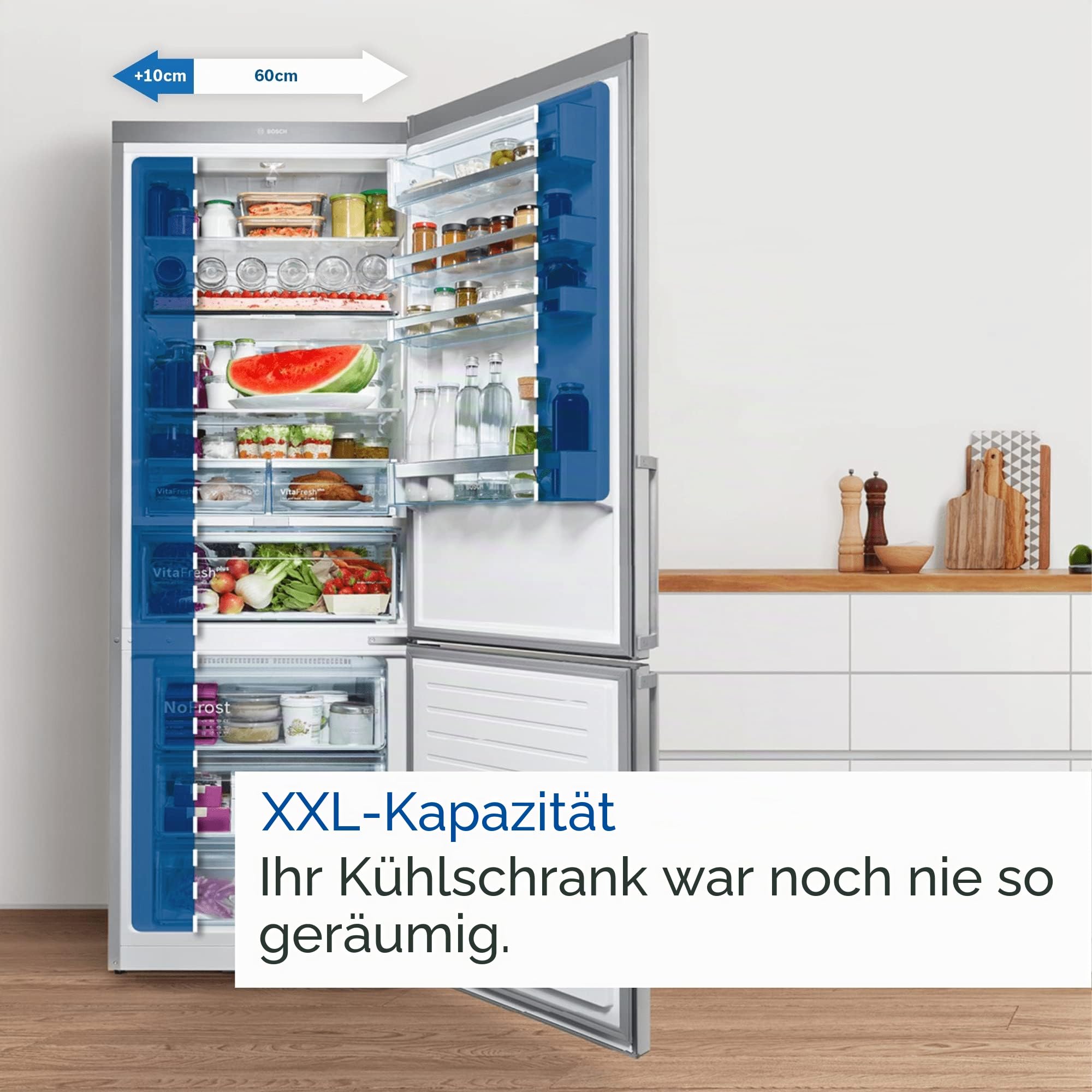 Bosch KGN497ICT, Serie 4, XXL-Stand-Kühl-Gefrier-Kombination, 203 x 70 cm, 311 L Kühlen, 129 L Gefrieren, NoFrost, VitaFresh XXL, PerfectFit, Gebürsteter Stahl