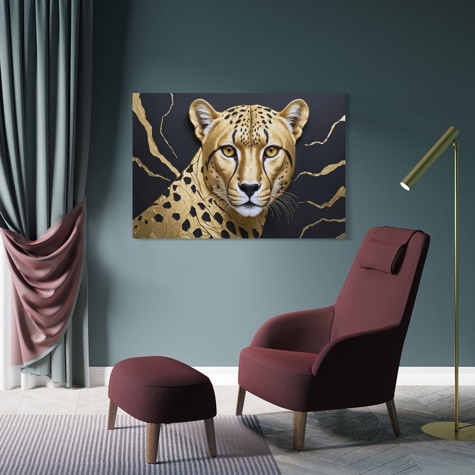 Junmoney Golden Cheetah Portrait on Black Background Decorative Wall Artwork 24x36inch(60x90cm), for Front Hall, Corridor Or Welcome Spaces, Decorative Wall Art for Narrow Spaces