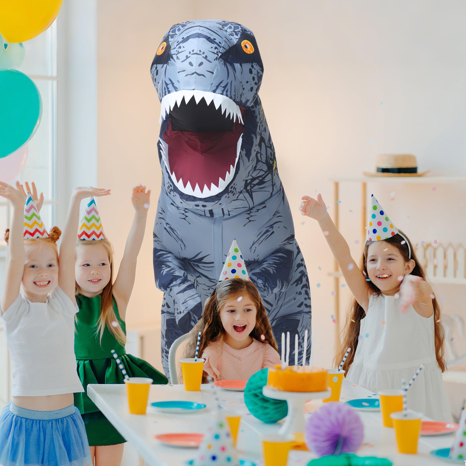 Poptrend Costume de dinosaure gonflable pour adultes, adolescents et enfants, costume de dinosaure T-Rex bleu, costume amusant pour Halloween, fête, cosplay, fête costumée, fête pour hommes et femmes