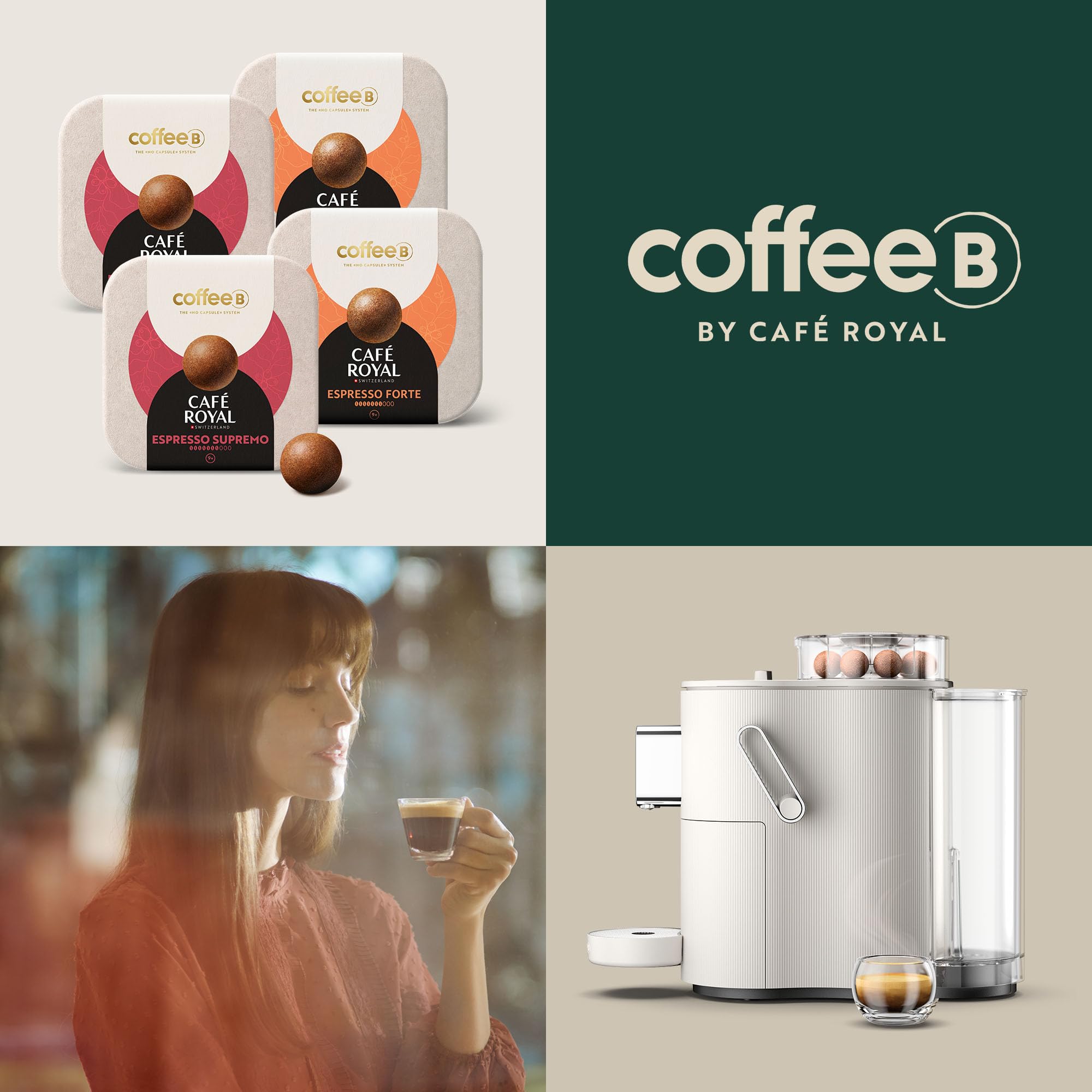 CAFE ROYAL SWITZERLAND PROFESSIONAL Machine à Café CoffeeB Globe Blanc + Pack Découverte 180 Coffee Balls Espresso | 90 Boules Espresso Forte + 90 Boules Espresso Suprémo - 100% Compostables