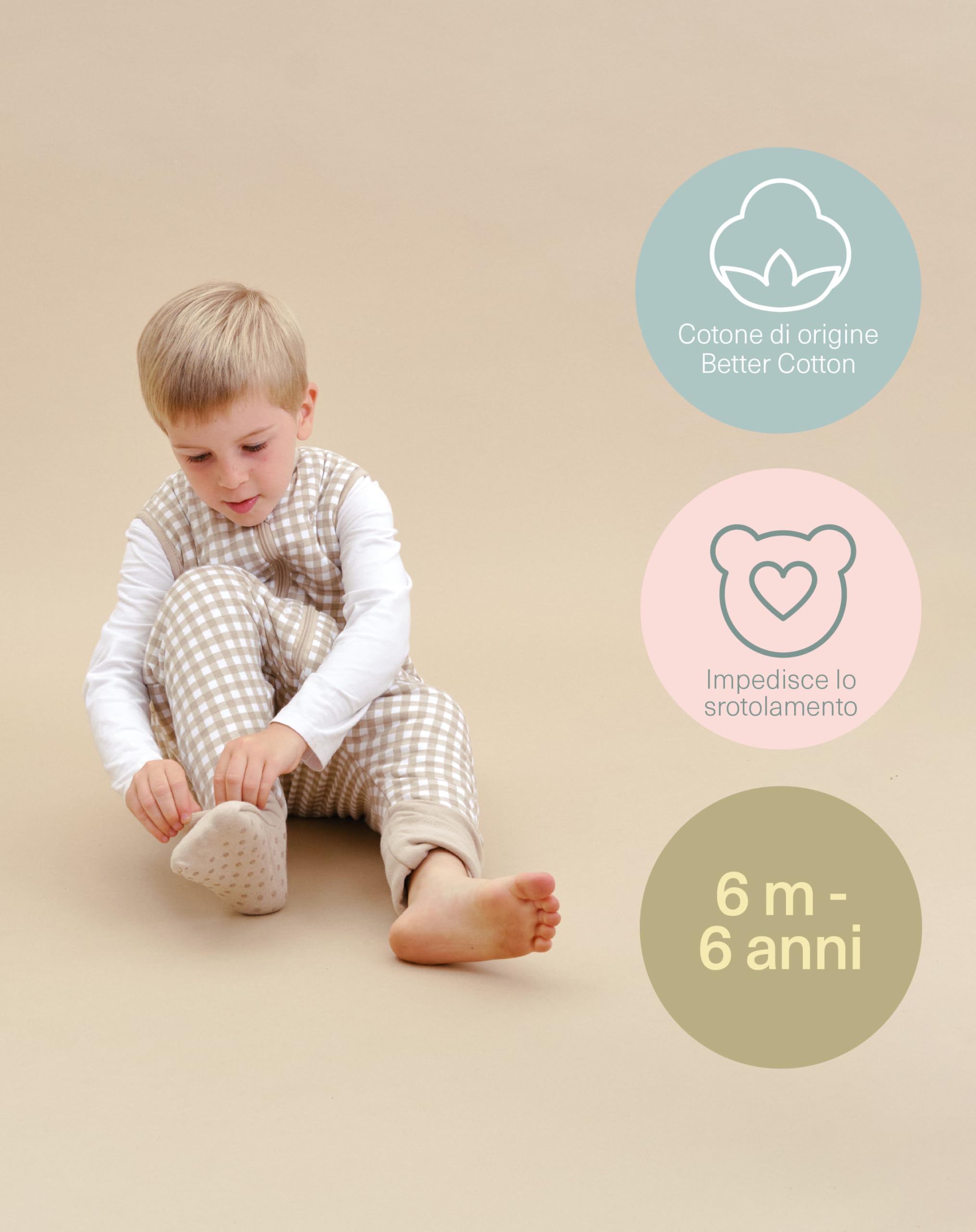 molis&co - Sacco Nanna con piedini e calzini - Sacco nanna invernale per Bambini - Sacchi Nanna 2.5 tog con piedini - 100% Cotone (Oeko-TEX 100) (Vichy Beige, 2 anni)