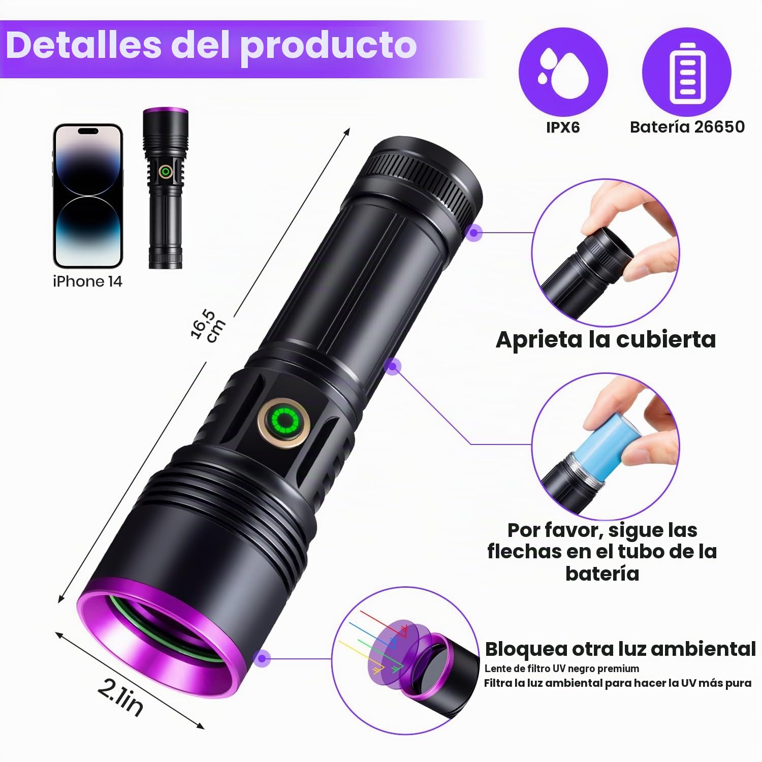 LEKIA Linterna UV, 365nm 20W Alta Potencia Luz Ultravioleta Recargable USB C, Linterna Luz Negra para Detección de Orina de Mascotas, Endurecimiento de Resina, Escorpión, Búsqueda de Rocas, A/C Fuga