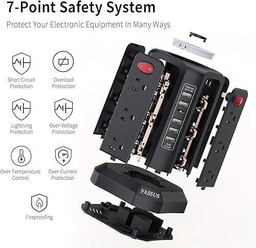 Miniatura 2 de Regleta protectora contra sobretensiones en torre con 5 puertos USB, cable de extensión de 10.2 pies con múltiples tomas de corriente alterna y