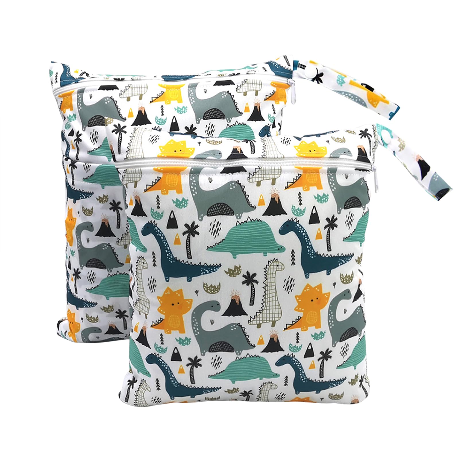 Baynetin 2 Packs Cartoon Print Wet Dry Bags | Waterproof Reusable Nappy & Swim Bag | Single Double Zipper Pouch for Swimming, Beach, Nursery & Travel (A-Dinosaur)