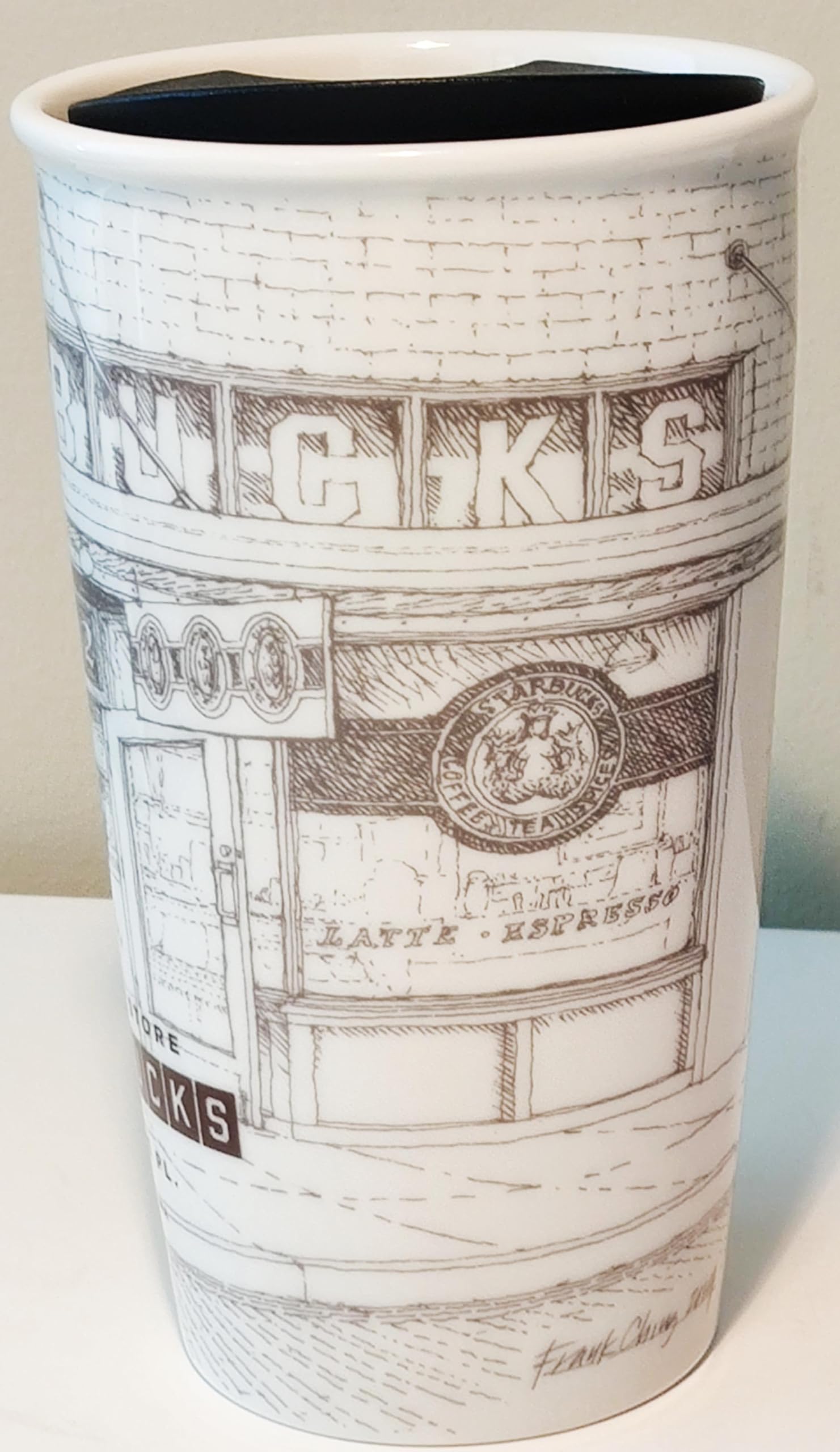 The First Starbucks Coffee Store Pike Place Storefront Soft Touch Ceramic Travel Mug, 12 oz