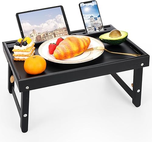 Moretoes Bandeja de cama para comer, bandeja de desayuno de bambú con patas plegables ajustables y soportes para teléfono para sofá, laptop,