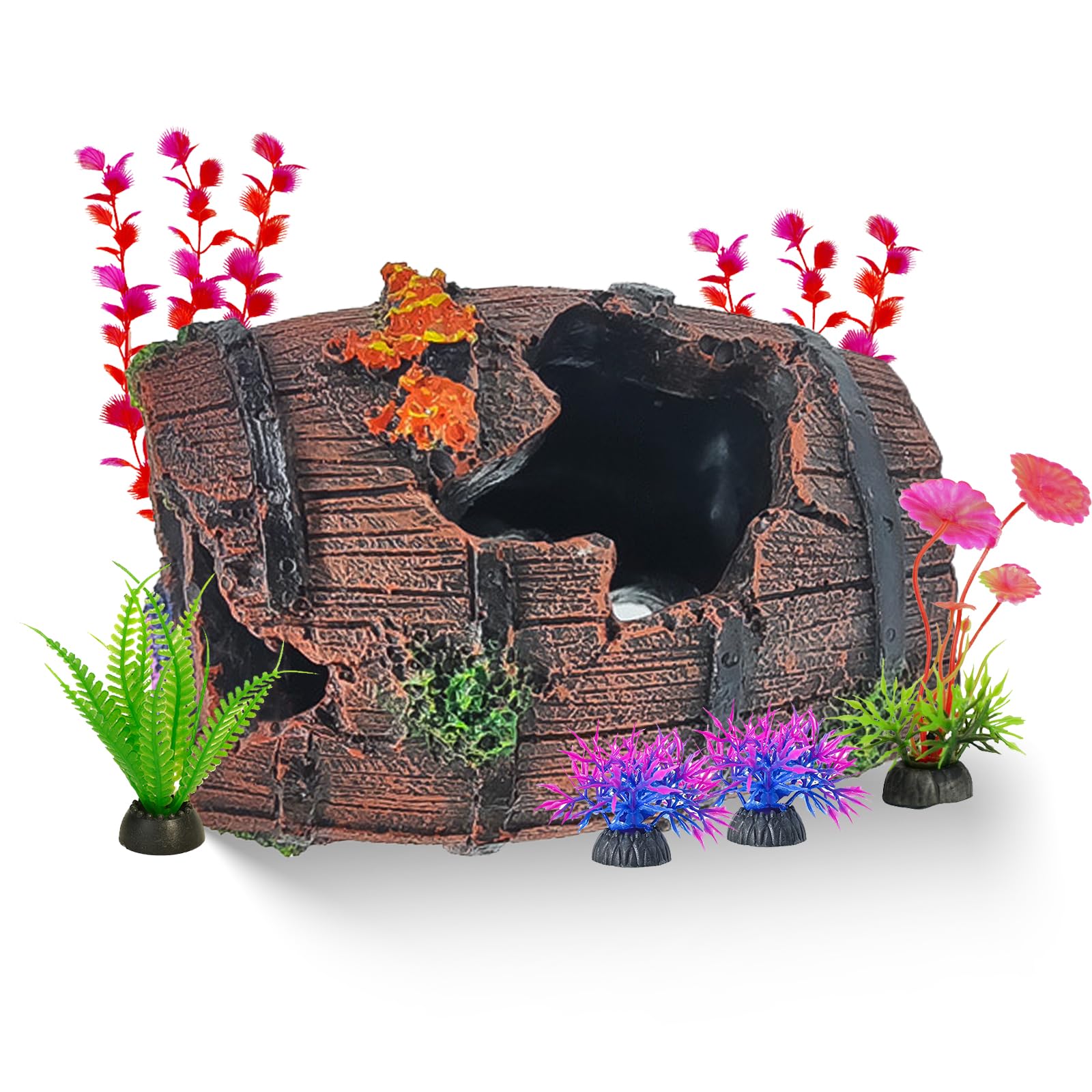 Mdputy ‎Brown 5 Pcs Fish Tank Decorations, Broken Barrel Cave Decor Artificial Resin Broken Barrel With 4 Aquarium Plants Aquarium Decoration Fish Tank Ornaments For Fishes Cave And Hideout Decoration