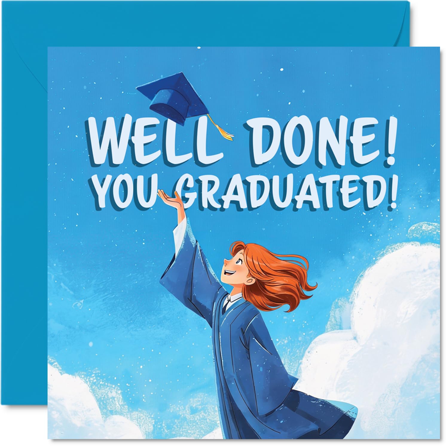 Proud Graduation Card - Bursting with Pride - Joyful Graduate Character Celebrating in Blue - Perfect Way to Mark an Epic Achievement - 145mm Square, Envelope Included