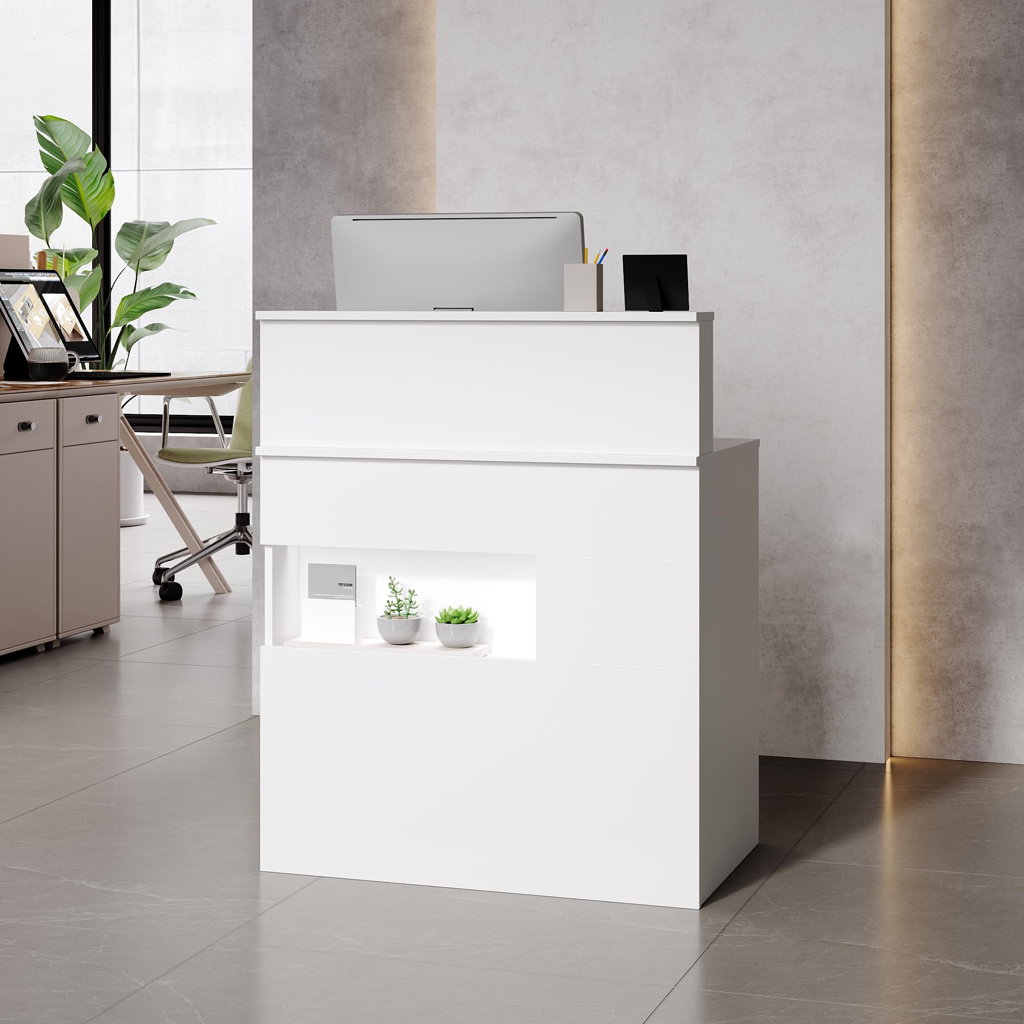ホワイト LED照明付きカウンターテーブル Amazon.co.jp: YOI LIFE 受付カウンター 木製カウンターテーブル