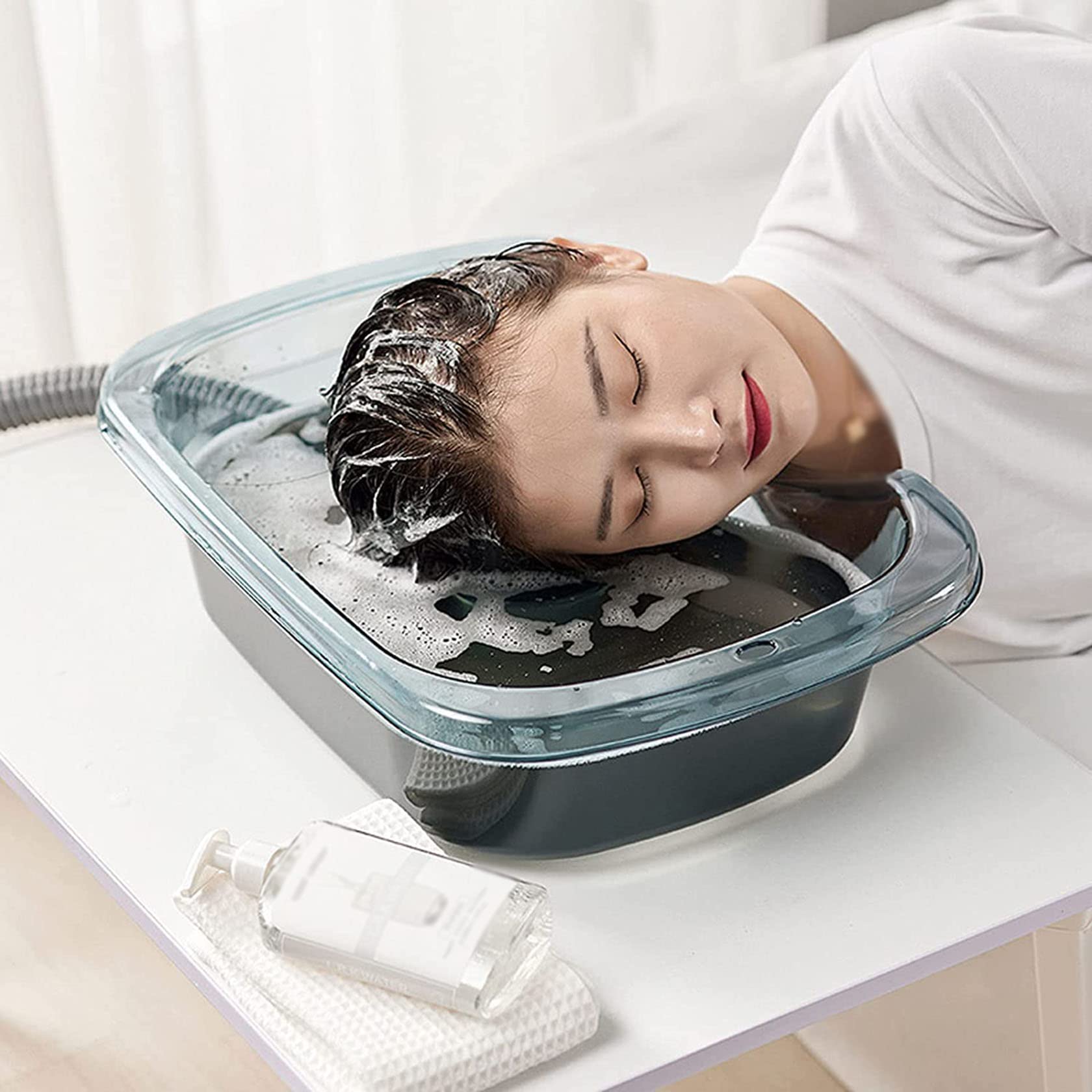 Shampoo-Becken, Tragbares Haarwaschbecken mit Kopfkissen und Nachziehbarem Schlauch, Shampoo-Becken für Das Bett,Blue
