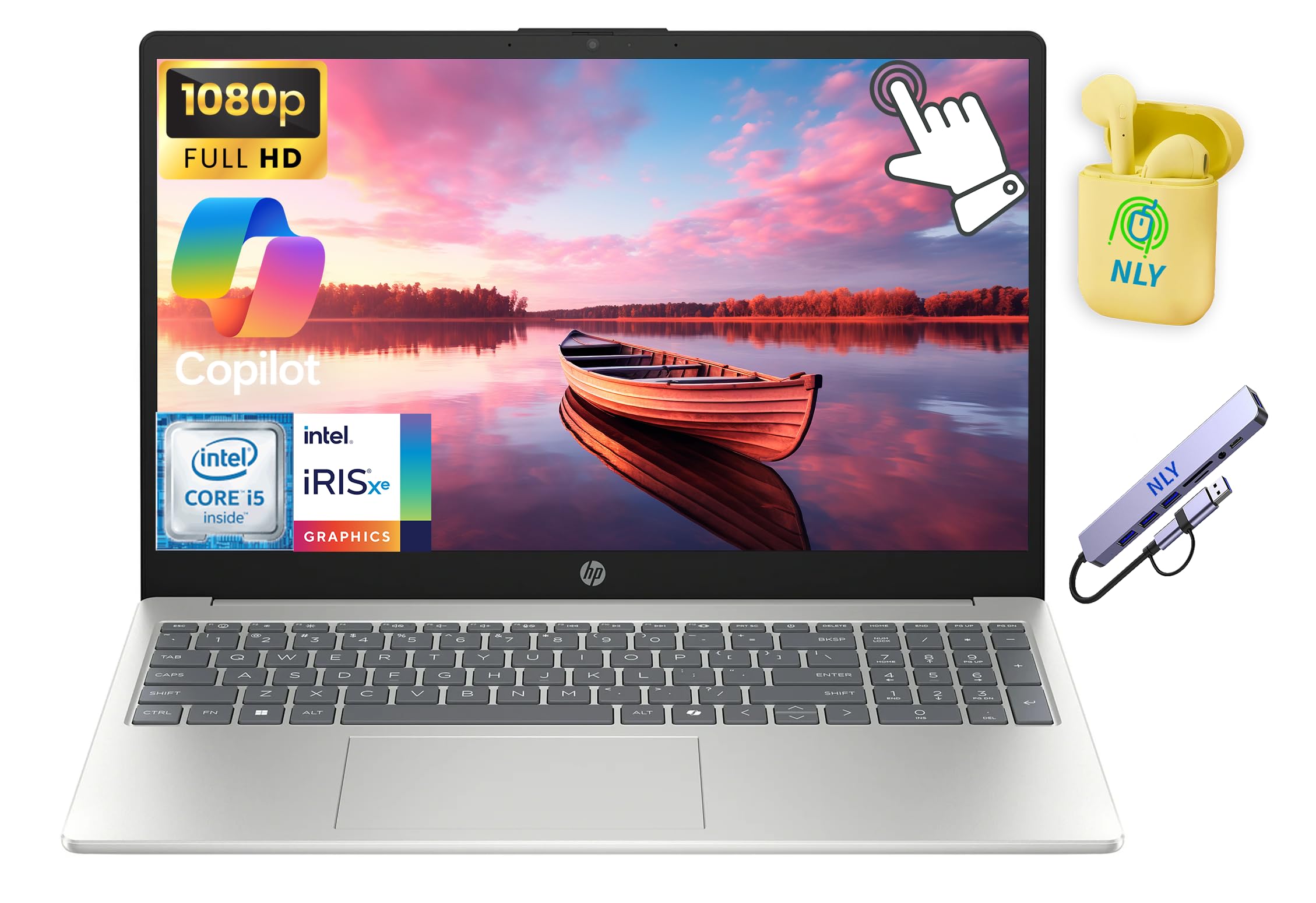 HP Touchscreen 15.6" FHD Business Laptop Computer, Intel 10-Core i5 Processor, Windows 11 Laptop 16GB RAM 1TB Storage (512GB SSD+512GB Docking Set), Numeric Keypad, NLY Earphones, Natural Silver