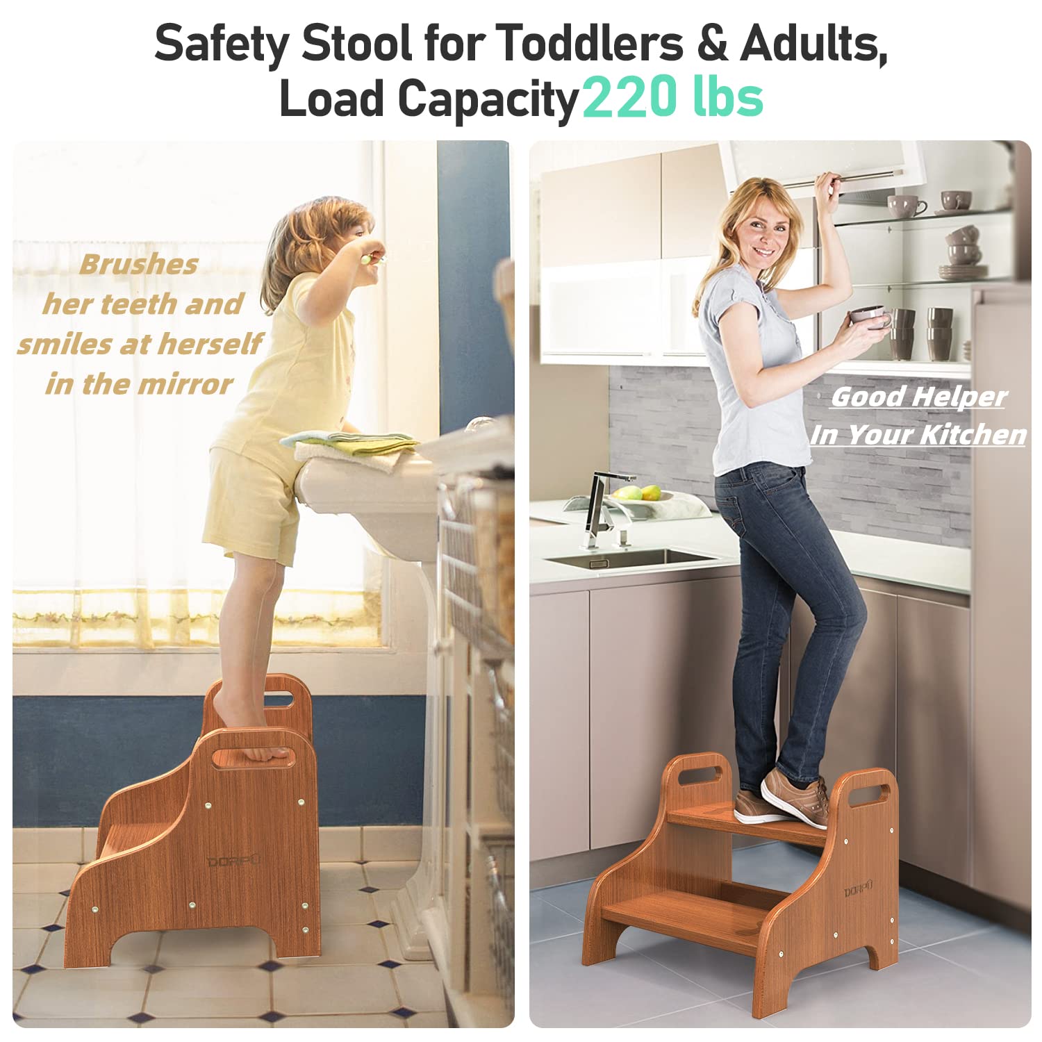 DORPU Wooden Step Stool for Adults Kids, Super Sturdy Non-Slip Stepping Stool, Holds 220lbs, Portable Toddler 2 Step Stool, Bamboo Wood Kids Stool for Bathroom, Potty Training, Kitchen (Brown)