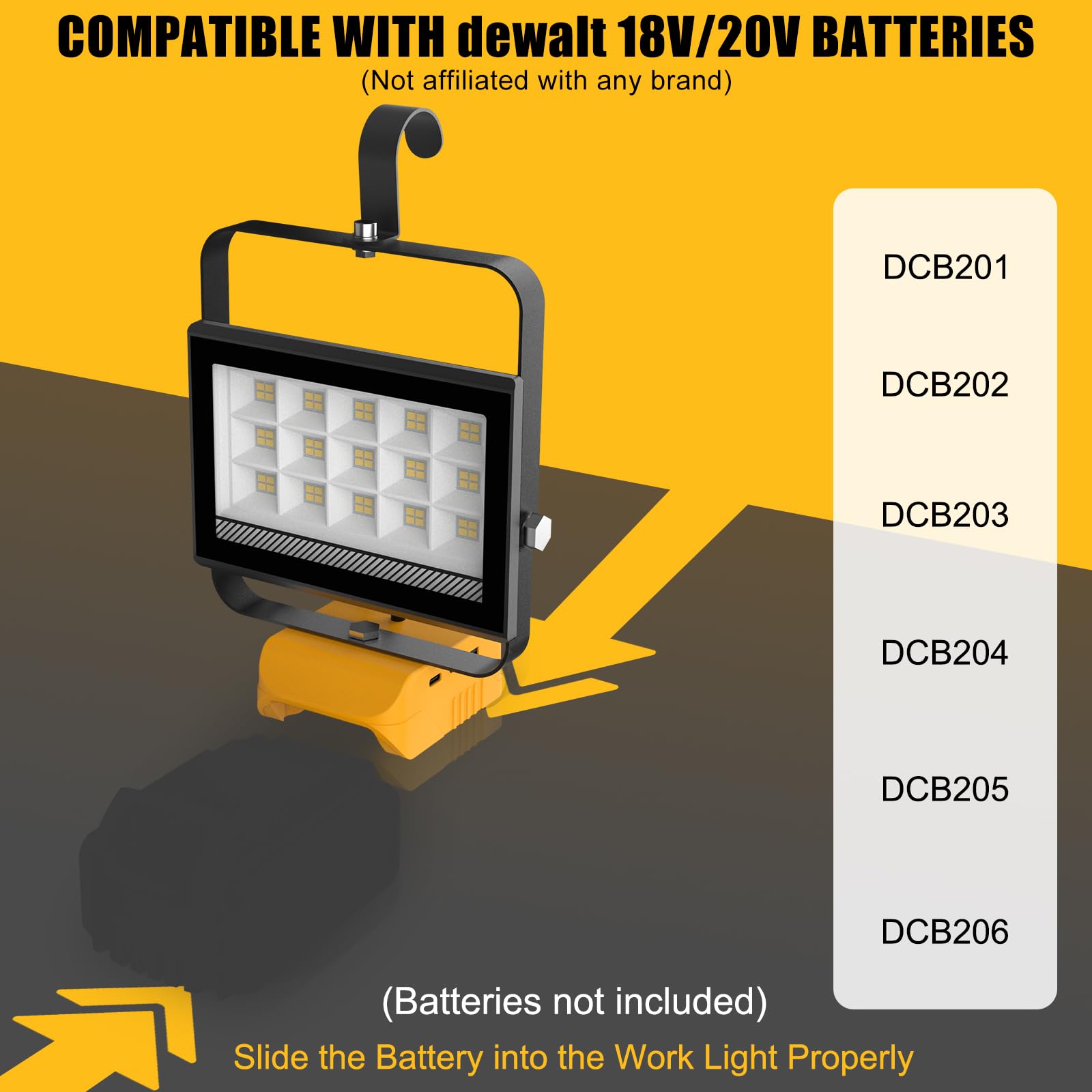 T-SUN Projecteur de Chantier, 60W Projecteur LED Rechargeable Compatible avec Dewalt Batterie, 4500LM Lampes de Travail Portable Pour l'atelier, Camping, Réparations, Chantier (Sans Batterie)