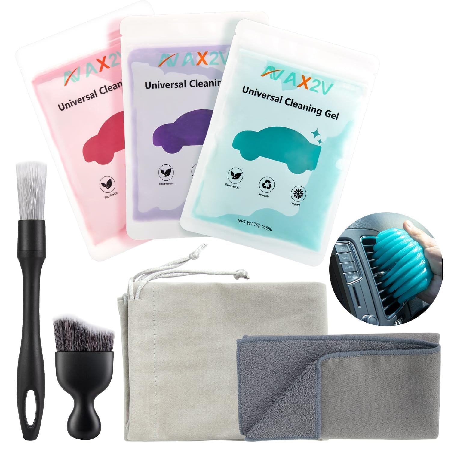 AX2V 7Pcs Car Interior Detailing Cleaning Kit, Detailing Brush Set,Clean Gel, Wash Kit, Cleaning Tools for Car,Keyboard and Interior Cleaning