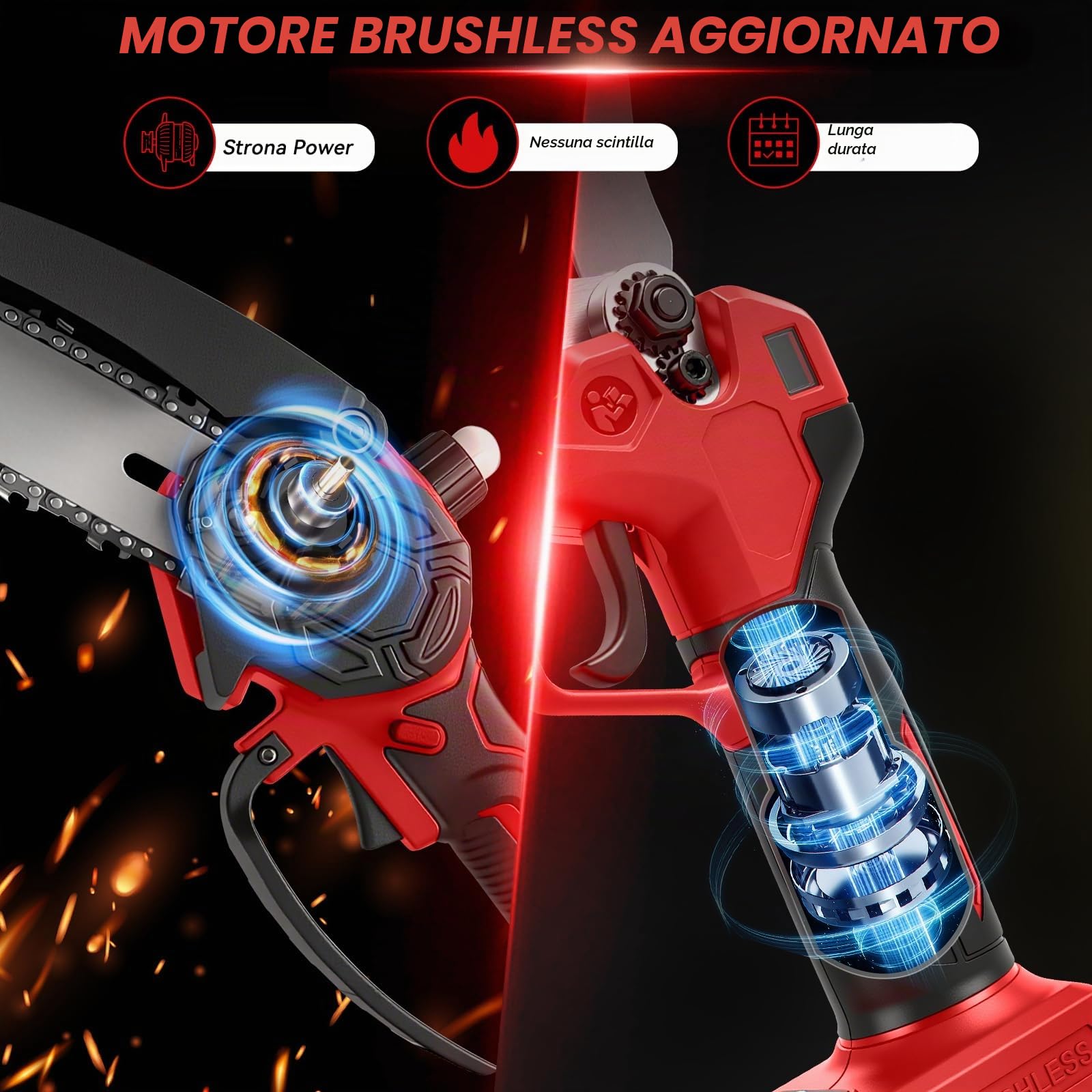 Mini motosega da 8 pollici con asta telescopica e cesoie elettriche da 28 mm, set di attrezzi da giardino 4 in 1, compatibile con batteria Milwaukee da 18 V, portata massima fino a 4 m (senza batteria