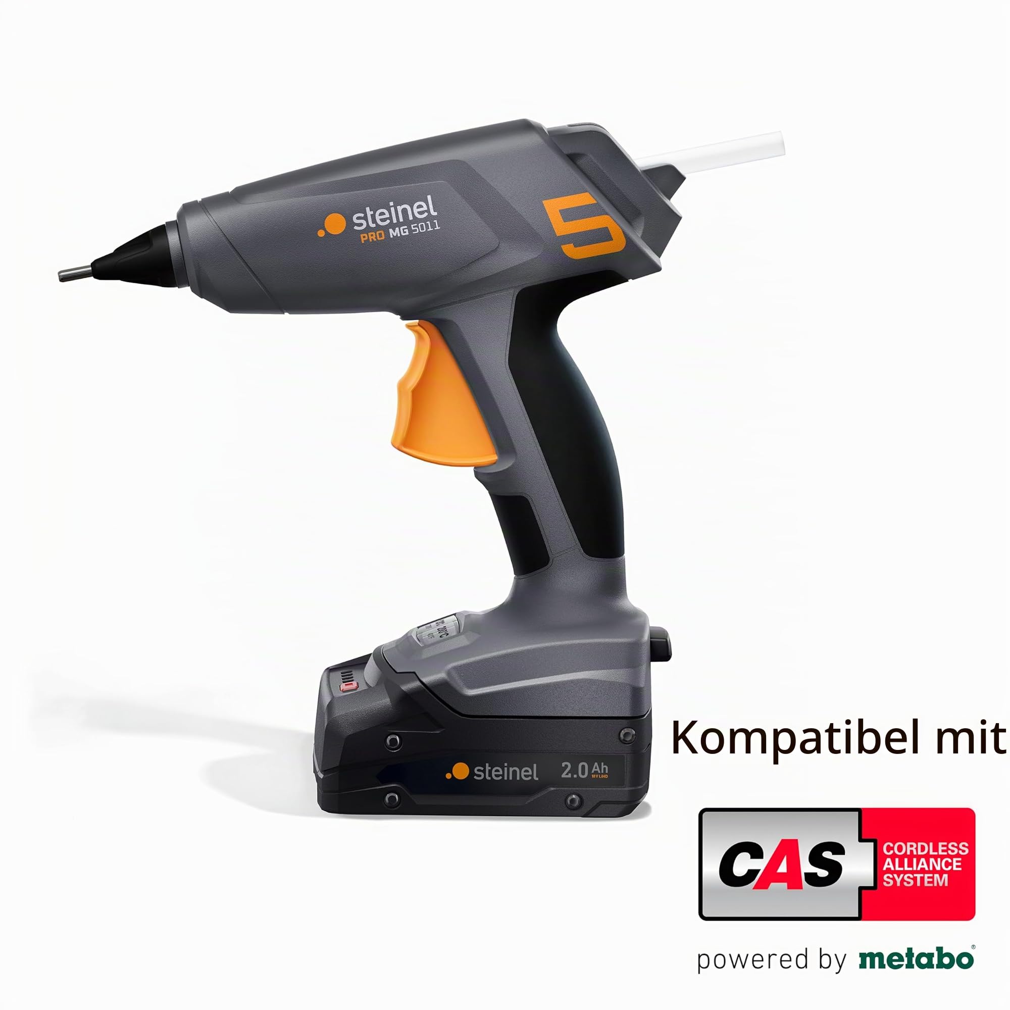 Steinel Akku Heißklebepistole MobileGlue 5011, für Metabo 18V CAS Akku, inkl. 3x Heißklebesticks, in 90 Sek. startklar, bis 90 Min. Dauerbetrieb, kabellos, Dual-Temp-Modus 130°C/200°C, ECO-Mode