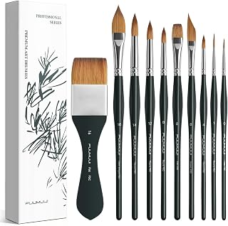 Professional Watercolour Brushes - Set of 10 brushes with ergonomic handle made of synthetic marder hair | High absorption and precise tip | Ideal for watercolor, ink, watercolor brushes