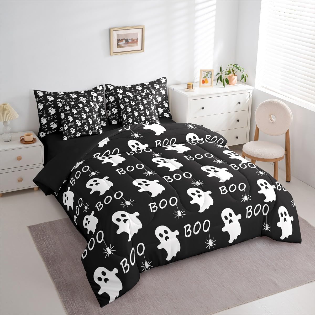 Feelyou Happy Halloween Comforter Set Twin Size 7 Pieces Kawaii Ghost Printed Bedding Set Cute Ghost Bed in a Bag with Comforter, Sheets, Pillowcases, Cushion Covers Bedroom Decor All Season Quilted