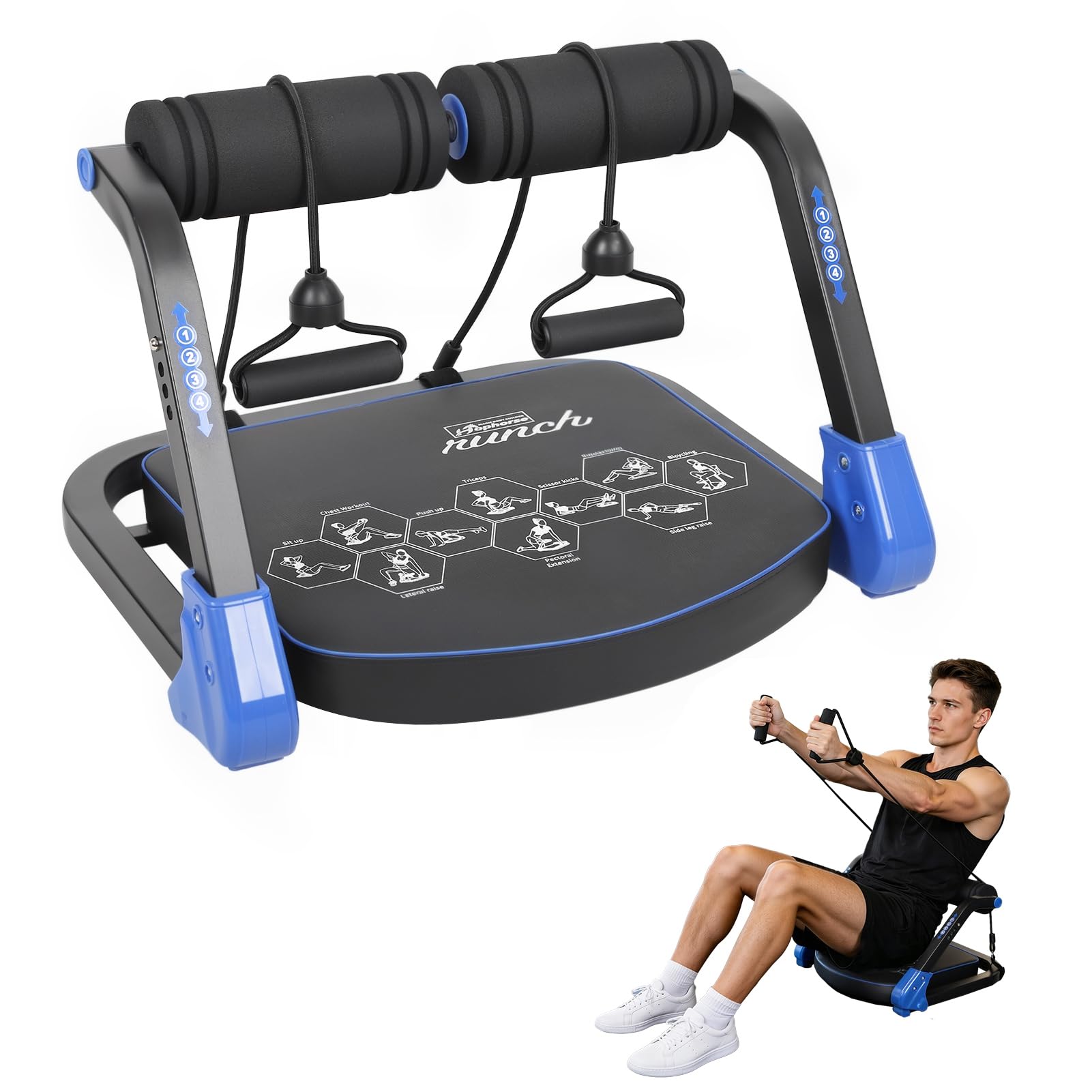 pofluany Adjustable Ab Machine, Sit Up Exercise Equipment with 4 Resistance Levels, Non Slip Handles and Bands, Core Stomach Workout Crunchers for Home Gym Fitness Blue