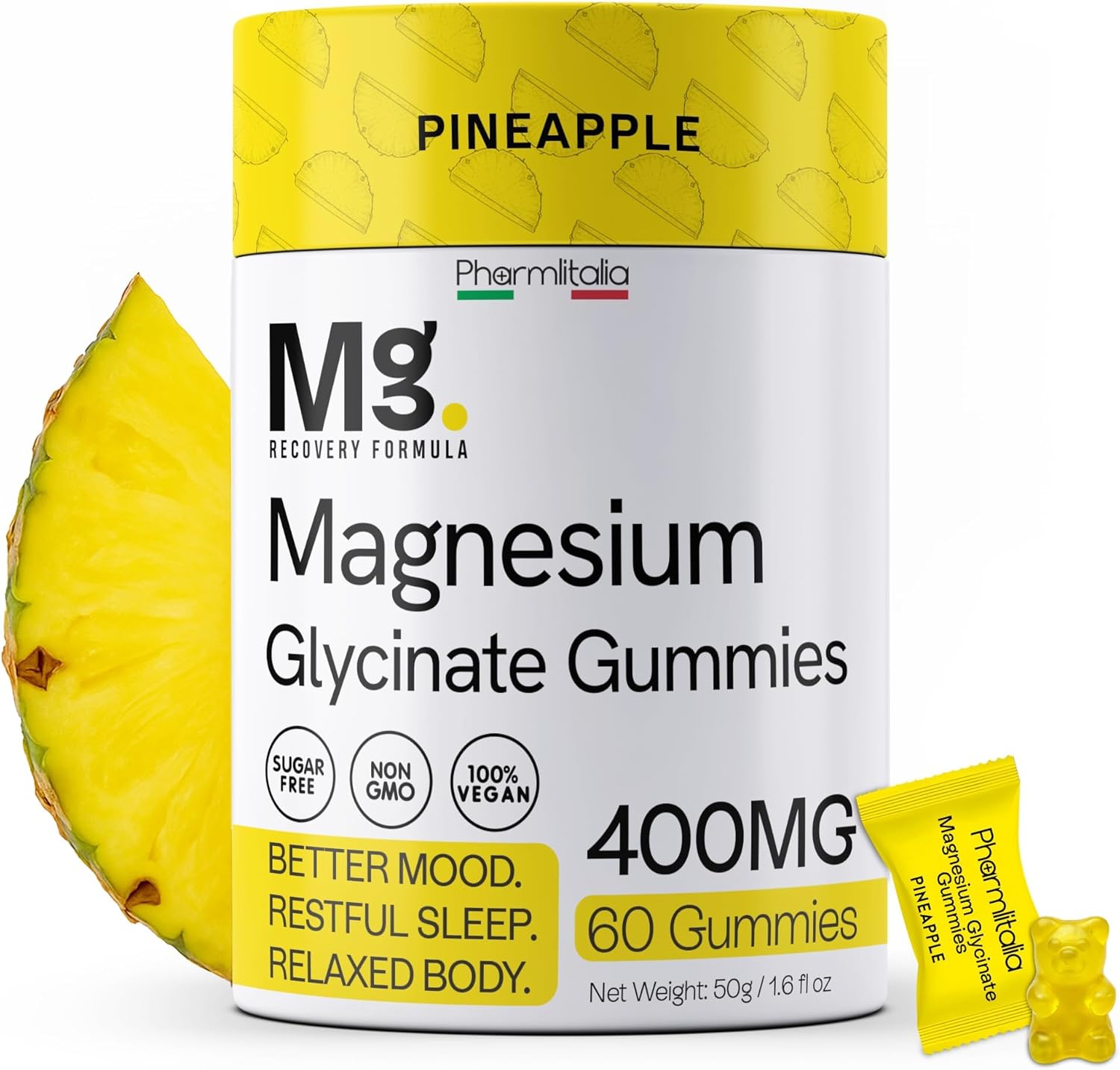 Magnesium Glycinate Gummies 400mg - Sleep Gummies for Kids & Adults - Magnesium Glycinate Chewable High Absorption for Muscle Recovery, Better Sleep & Relaxation, 60 Count, Pineapple