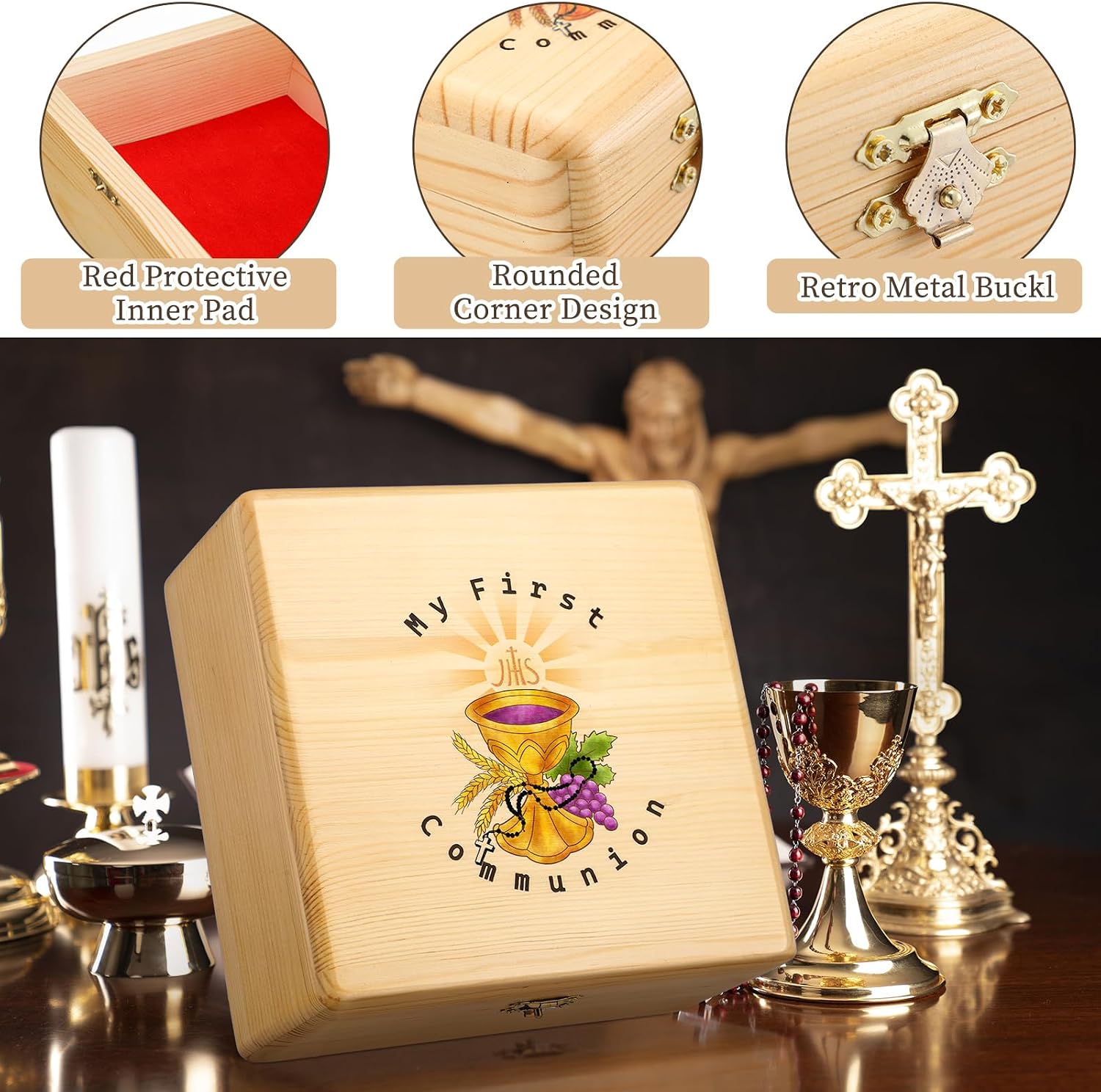 Wonderjune First Communion Wooden Keepsake Box First Holy Communion Gift Cross Rosary Jewelry Box Baptism Gift Memory Storage(Large) image 3