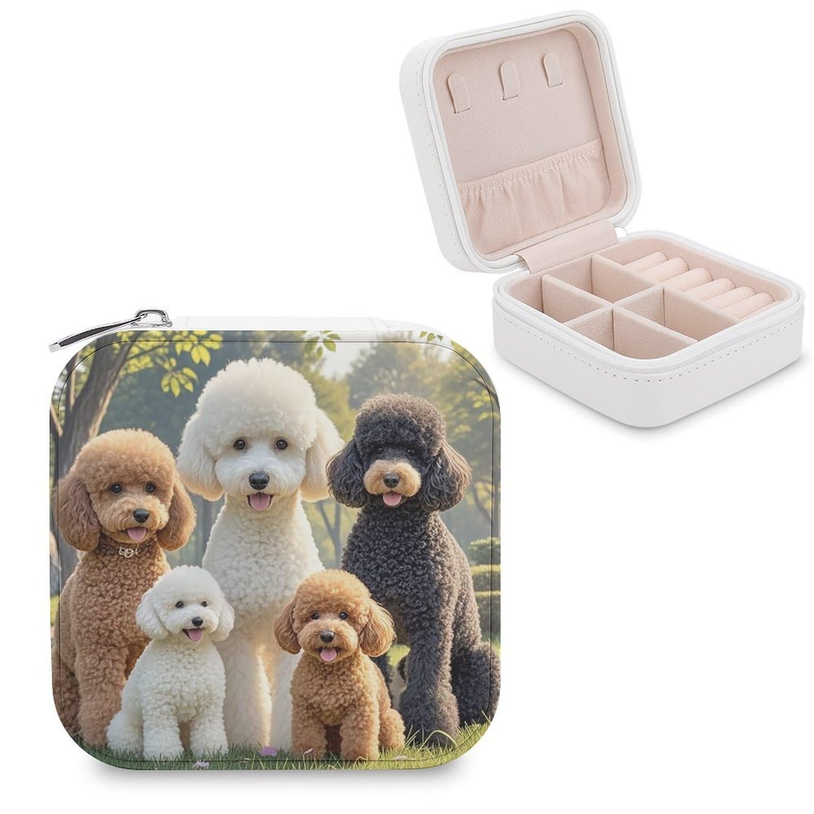 FekiLoot Poodles Dogs Travel Jewelry Box Small Jewelry Organizer Storage Case Portable PU Leather Mini Jewellry Travel Case Necklace Ring Storage Organizer Gift for Women