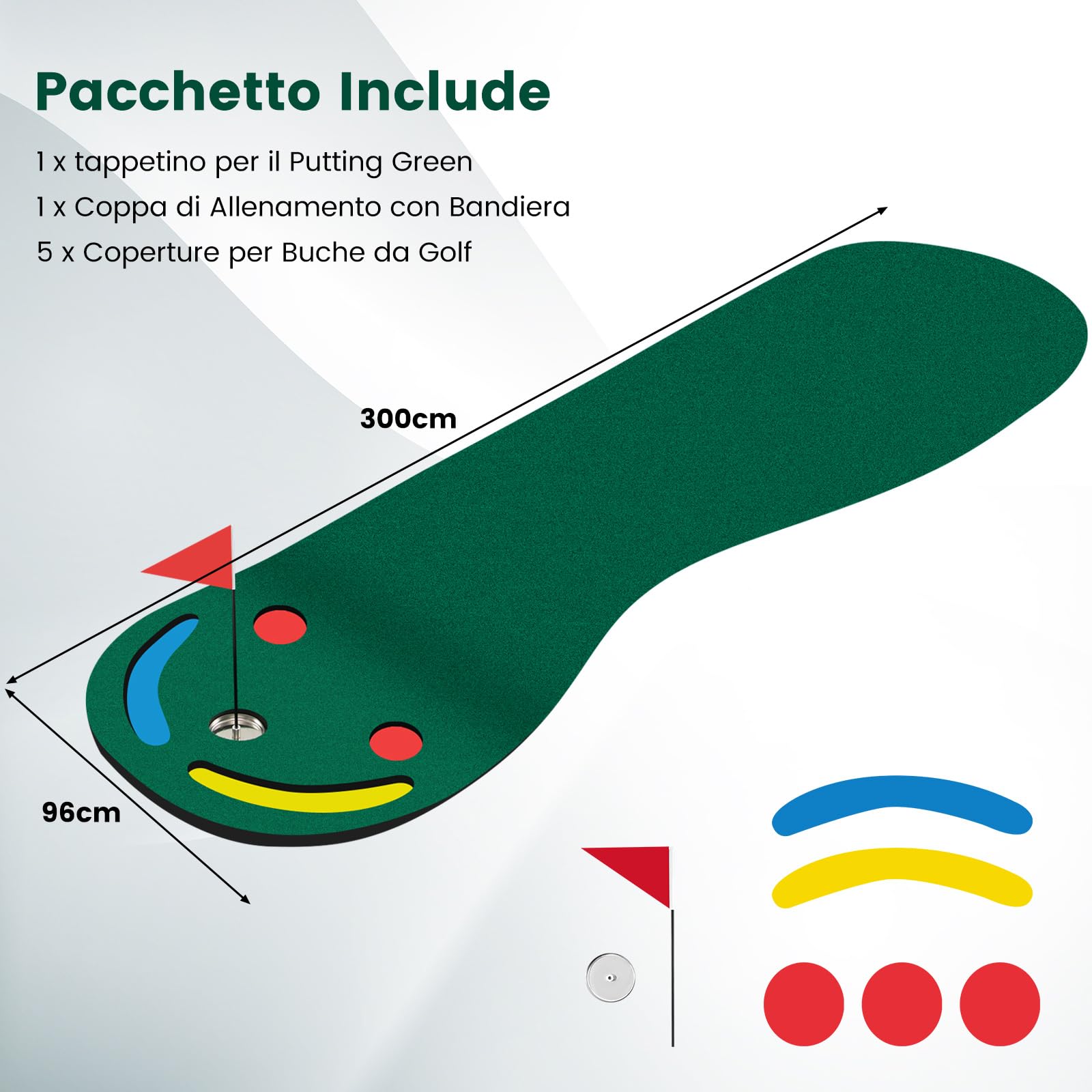 COSTWAY Set di Putting da Golf, Tappetino da Putting con 3 Fori per il Putting, 1 Bandierina e Coperture per Buca da Golf per Allenarsi al Putting, Putting per Uso Interno ed Esterno, 300 x 96 CM
