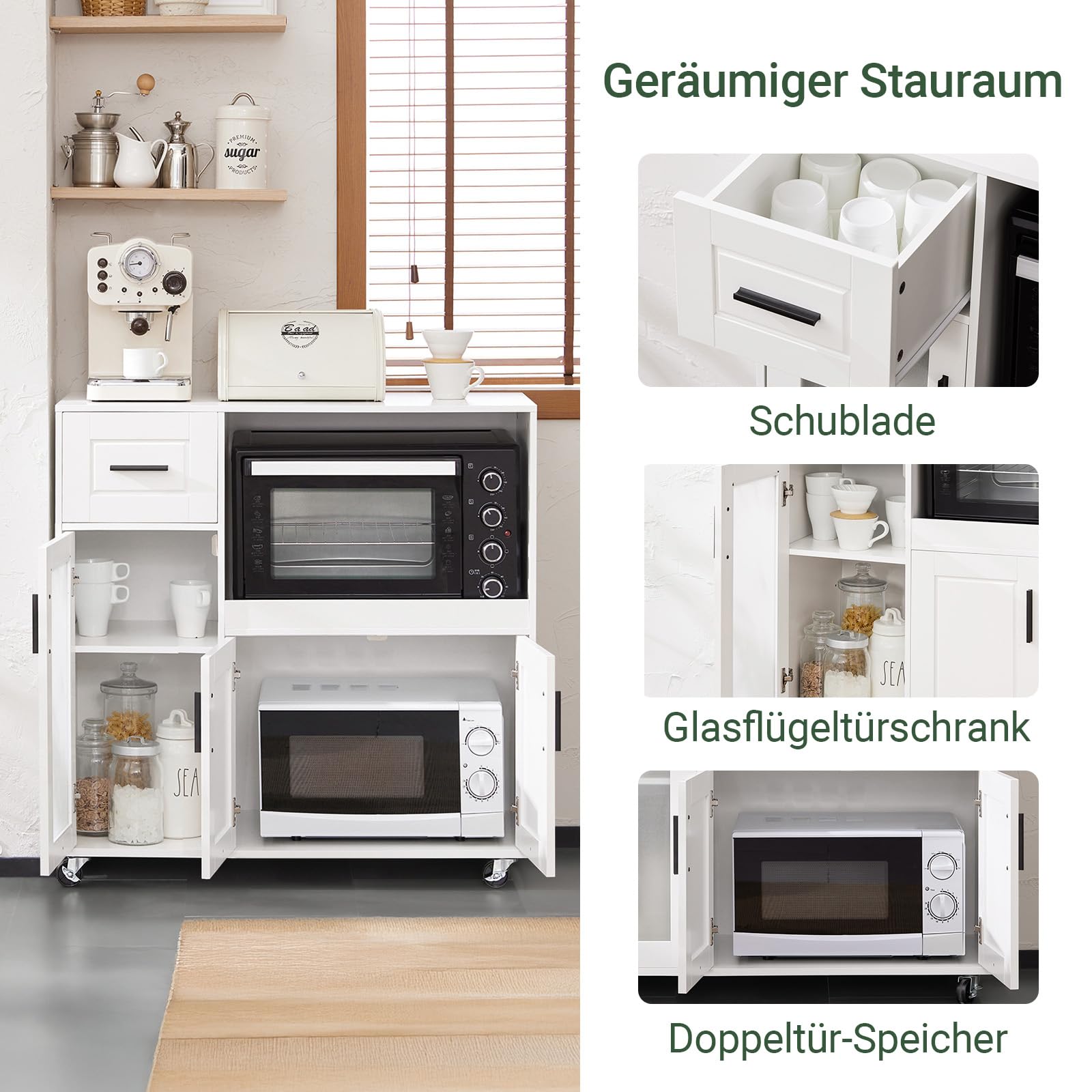 SoBuy Küchenwagen Mikrowellenschrank, Kücheninsel mit Rädern, Mobili Küchenwagen, Mikrowellenständer, Carrello Mobile für Esszimmer und Büro B88,5 x H89 x T40 cm Weiß FSB78-W