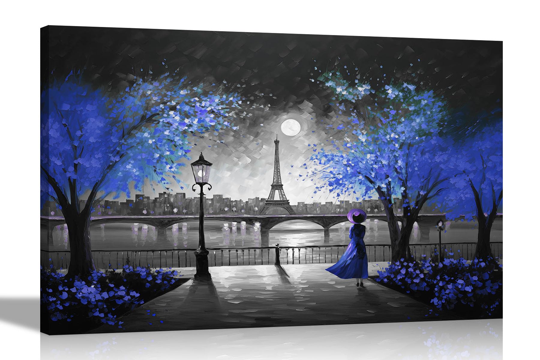 Artley Prints Black And White Blue Black And White Alone At Night In Paris Blue Canvas Art Pictures For Wall Home Decor Hanging Prints Abstract Artwork For Living Room 51 X 35Cm (20 X 14 Inches)