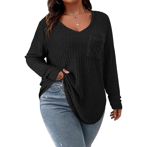 Koscacy Women Plus Size Casual Knit Sweater with Pocket V Neck Solid Color Tops Lightweight Long Sleeve Blouses