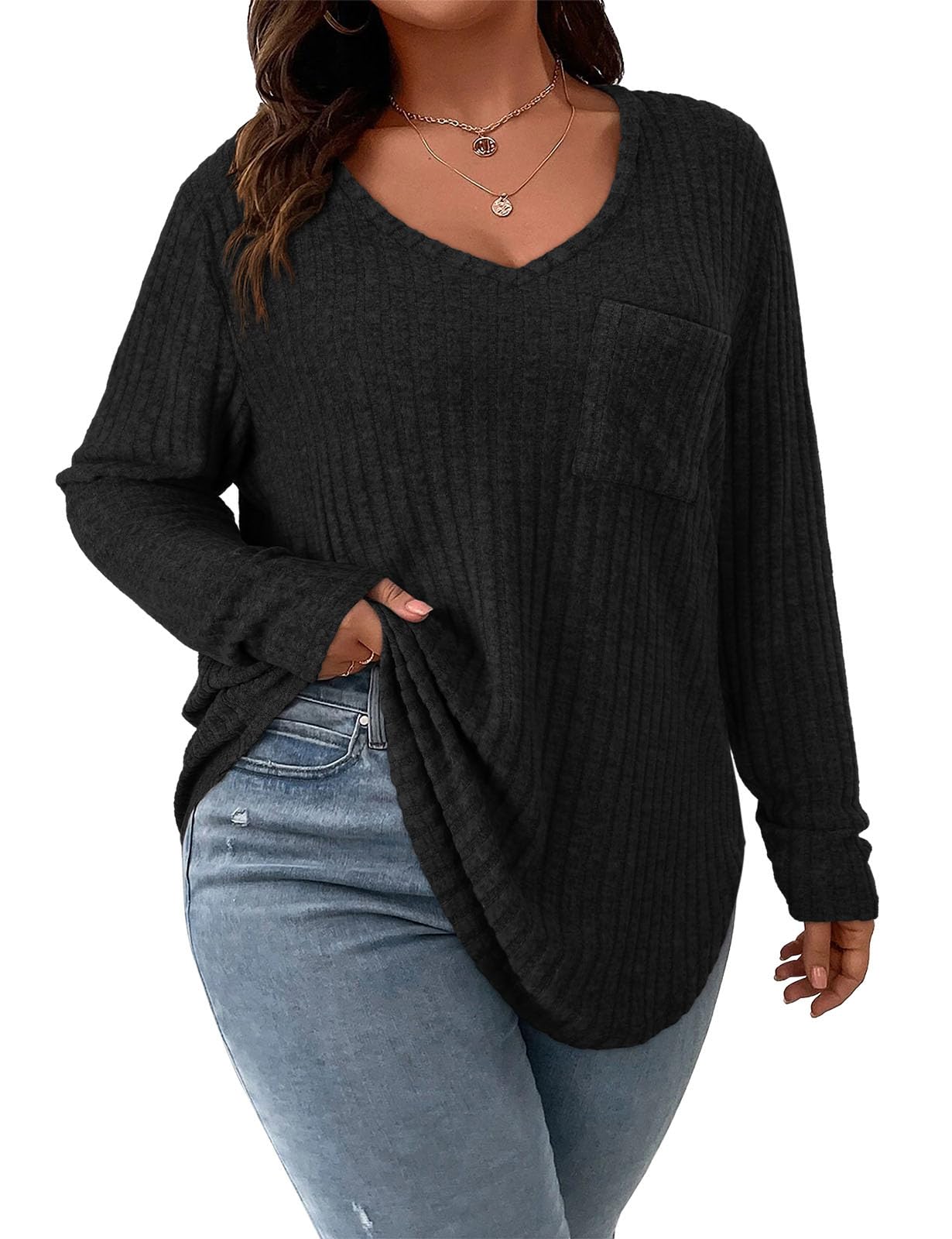 Koscacy Women Plus Size Casual Knit Sweater with Pocket V Neck Solid Color Tops Lightweight Long Sleeve Blouses