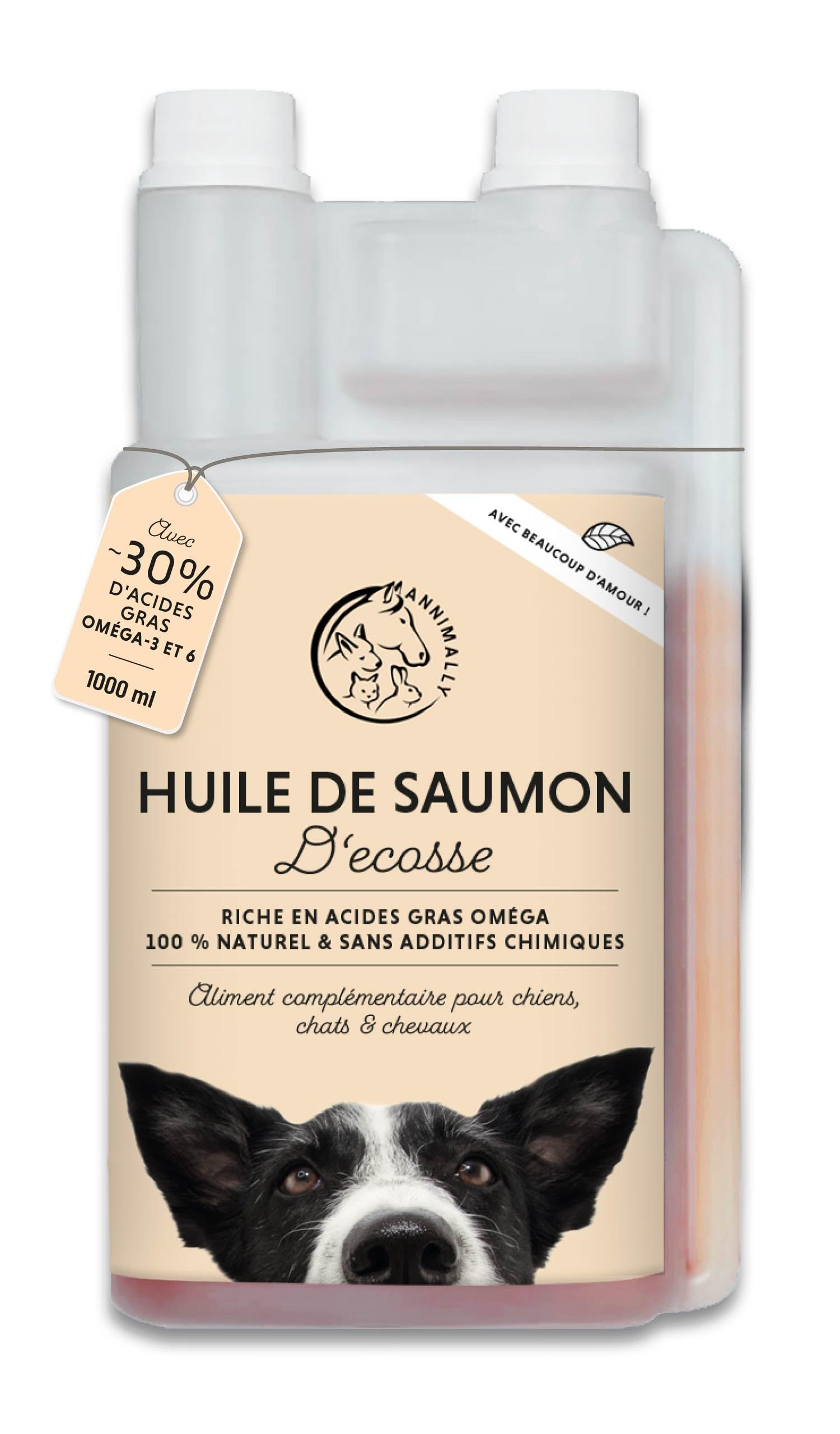 Annimally Huile de Saumon écossais pour Chiens 1 Litre Riche en acides Gras Omega 3 & 6 (avec 30%) - Huile de Poisson Barf pour Chien, Chat et Cheval, adaptée I Produit Naturel