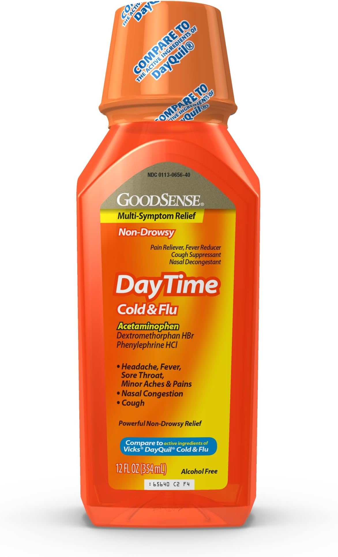 GoodSense Daytime Cold & Flu Multi-Symptom Relief, Non-Drowsy, Effective Relief for Fever, Sore Throat, Cough, Nasal Congestion, 12 Fl Oz