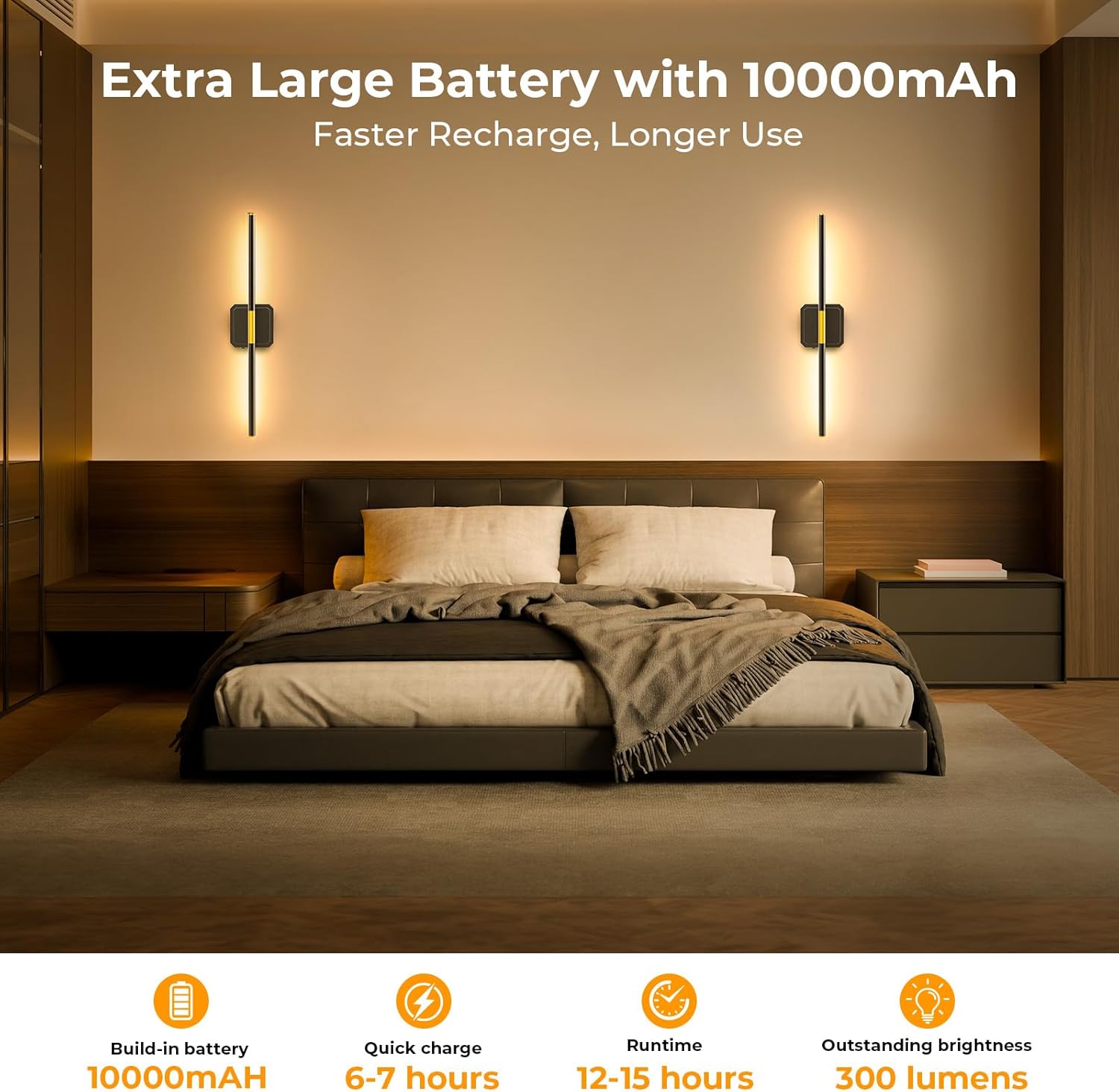 Battery Operated Wall Sconces Set of 2, Detachable 360°Rotate Wall Lamps, 3000-6500K Dimmable with Remote Control, 10000mAh Rechargeable Wall Lights for Bedroom, Living Room，28" Black Gold