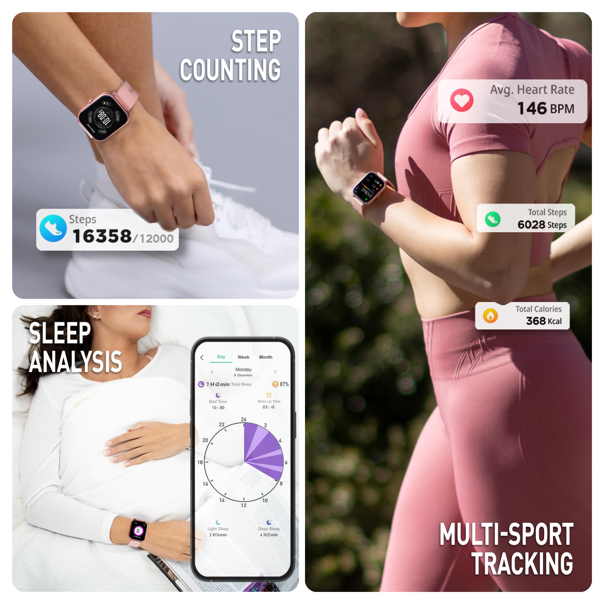 Reflex Active Damski zegarek z serii 17 1,8 cala, IP67, wodoodporny, różowy