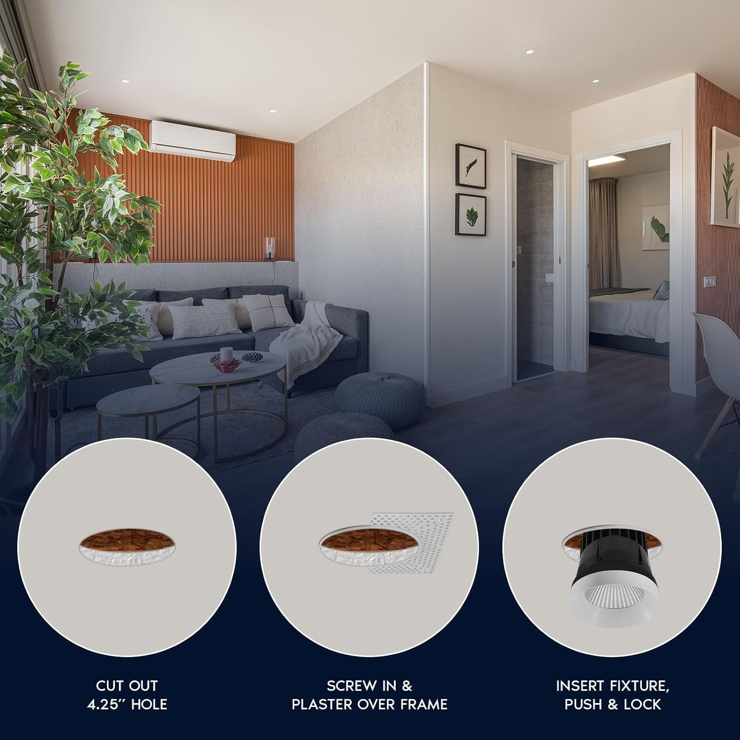 LUXRITE 4-Inch LED Trimless Recessed Spotlight, 25W, 2000LM, 5CCT Selectable 2700K-5000K, 60° Beam Angle, Dimmable, Push-n-Lock Spotlight, CRI90, Damp & IC Rated, Plaster Downlight, ETL White